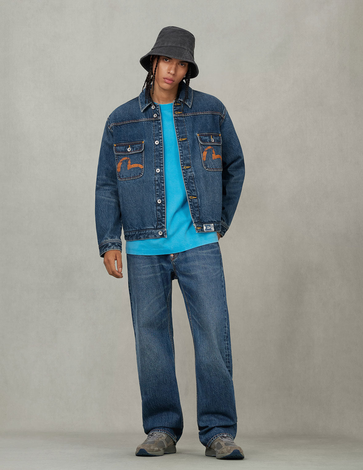 ディストレスドカモメプリントとほつれロゴパッチ刺繍 リラックスフィット デニムジャケット