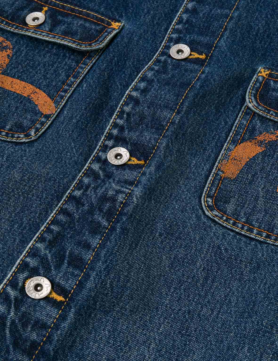 ディストレスドカモメプリントとほつれロゴパッチ刺繍 リラックスフィット デニムジャケット