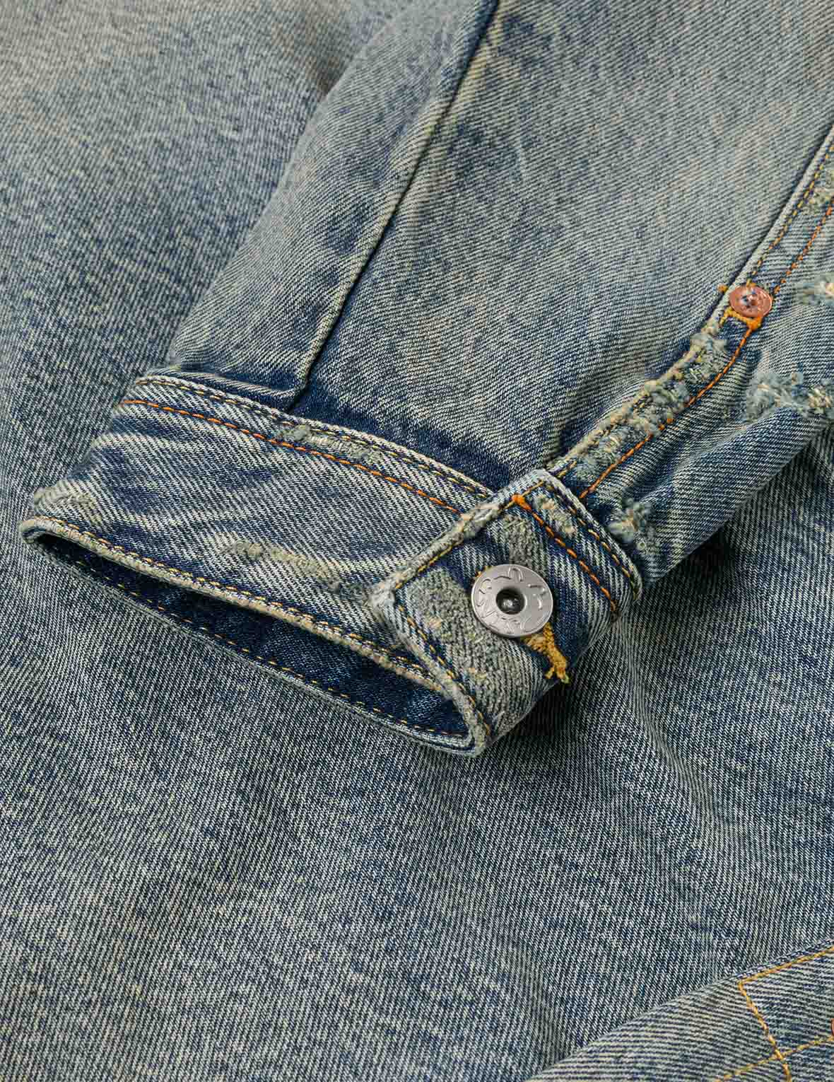 ディストレスドカモメプリントとほつれロゴパッチ刺繍 リラックスフィット デニムジャケット