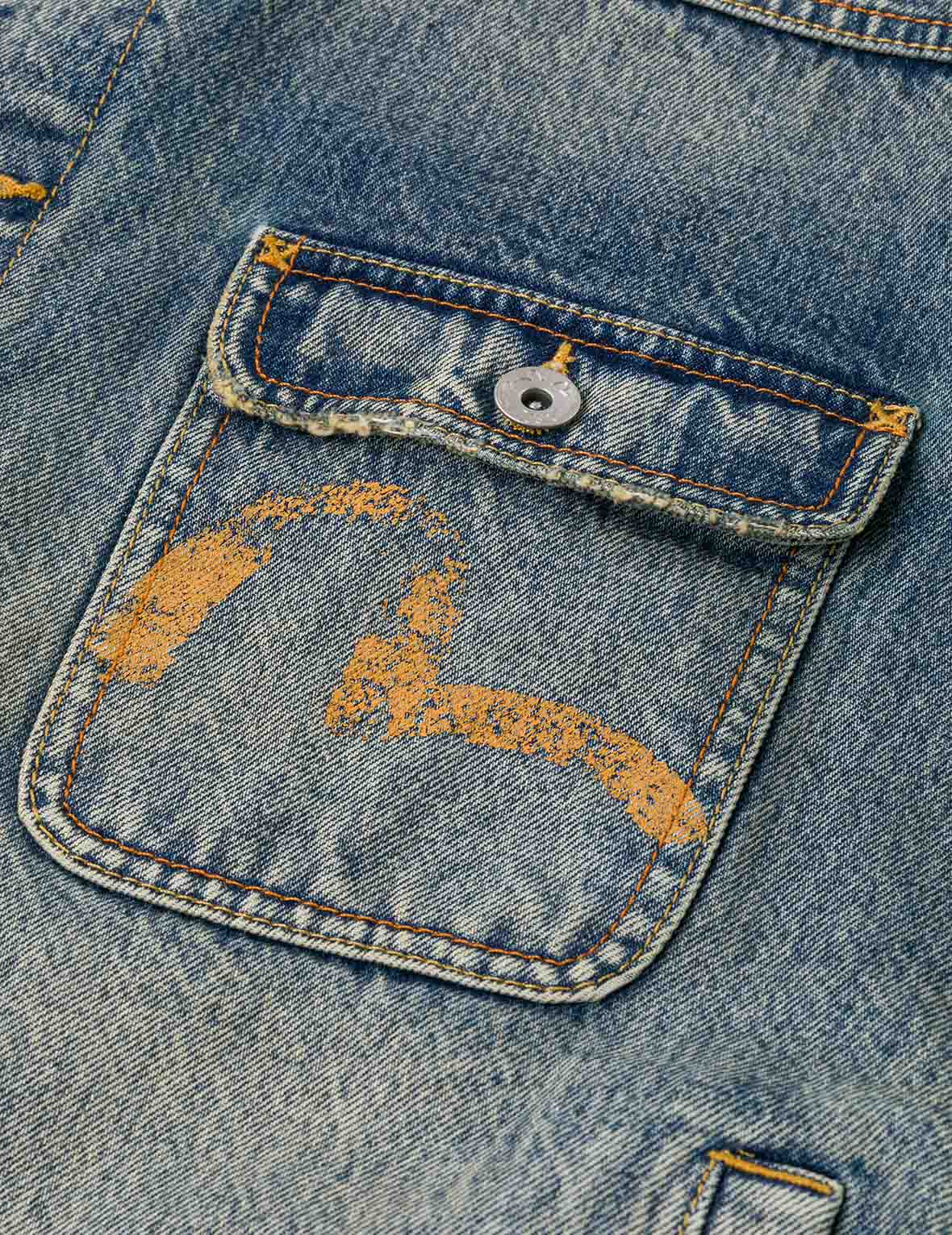 ディストレスドカモメプリントとほつれロゴパッチ刺繍 リラックスフィット デニムジャケット