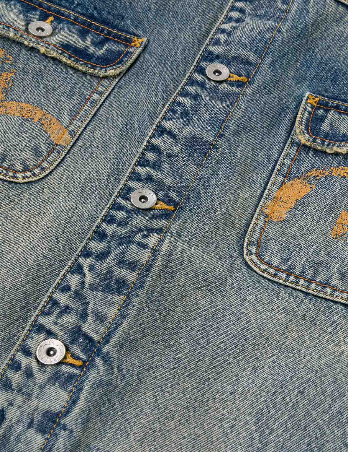 ディストレスドカモメプリントとほつれロゴパッチ刺繍 リラックスフィット デニムジャケット