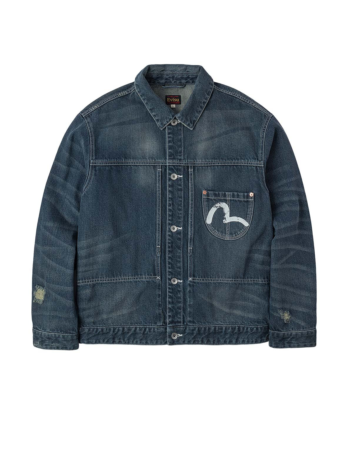 Distressed Seagull Print Relax Fit Washed Seagull Pocket Denim Jacket