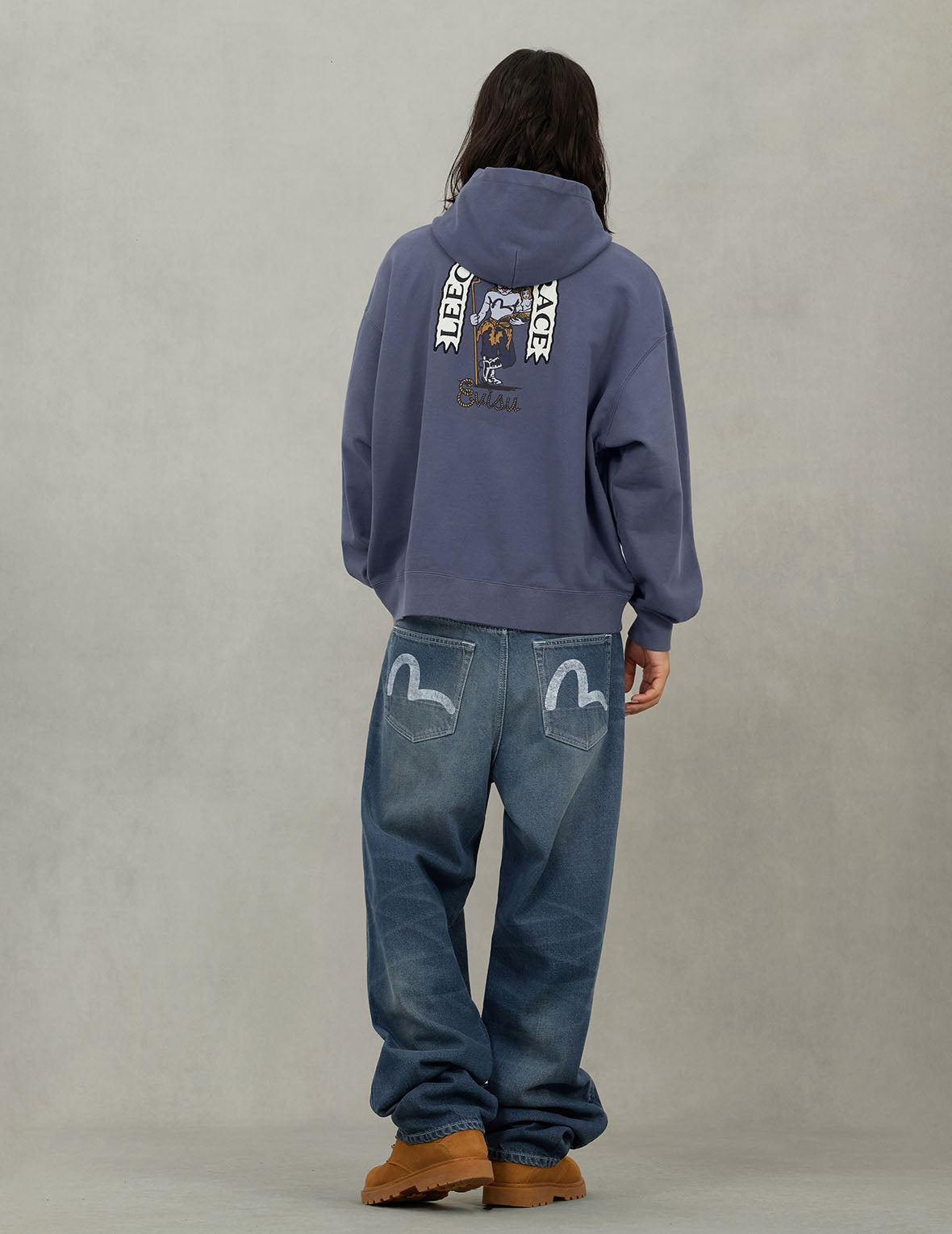 不規則パッチ付きディストレスドカモメプリント ルーズフィット デニムジーンズ