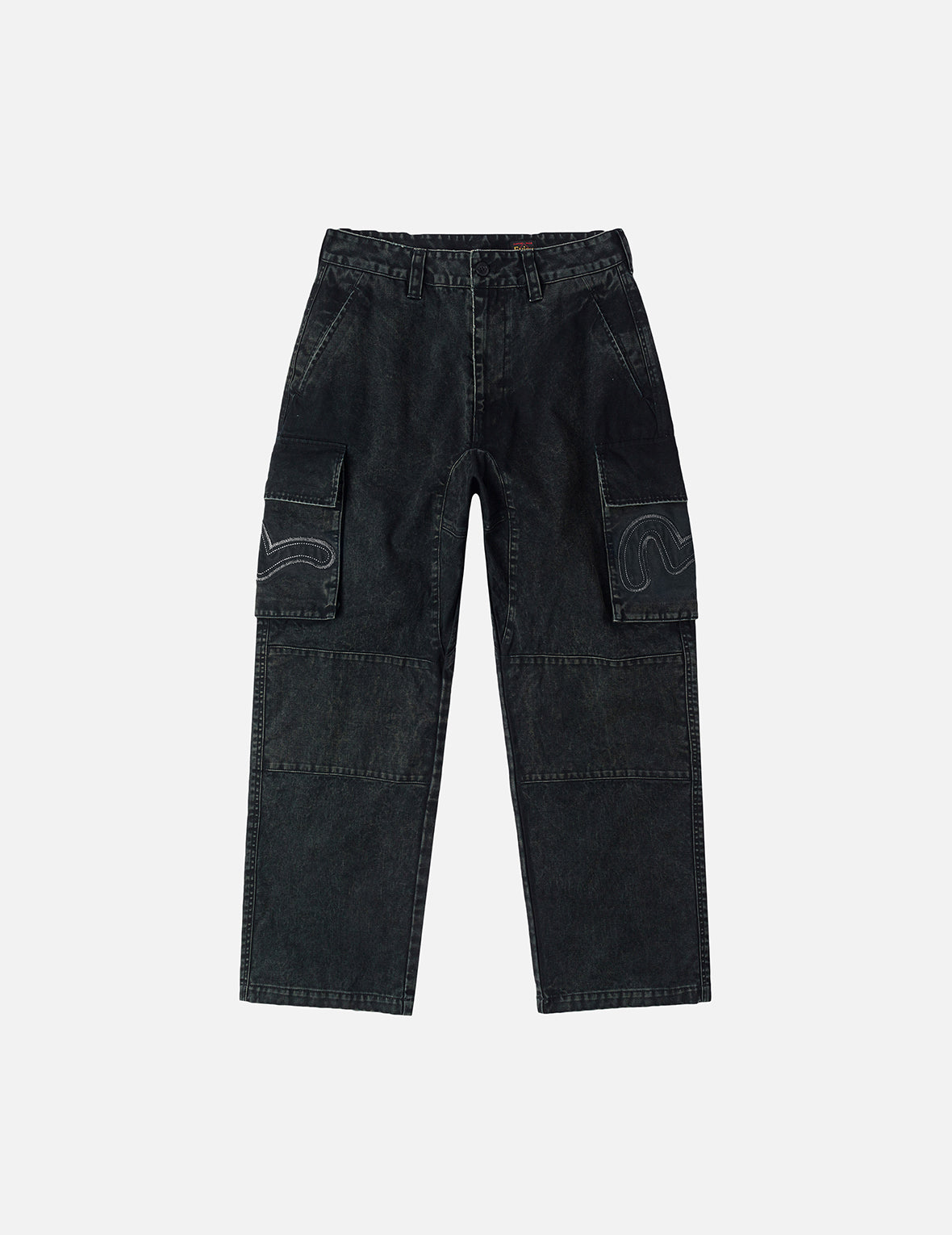 ディストレスドカモメアップリケ刺繍とマルチポケット ルーズフィット カーゴパンツ