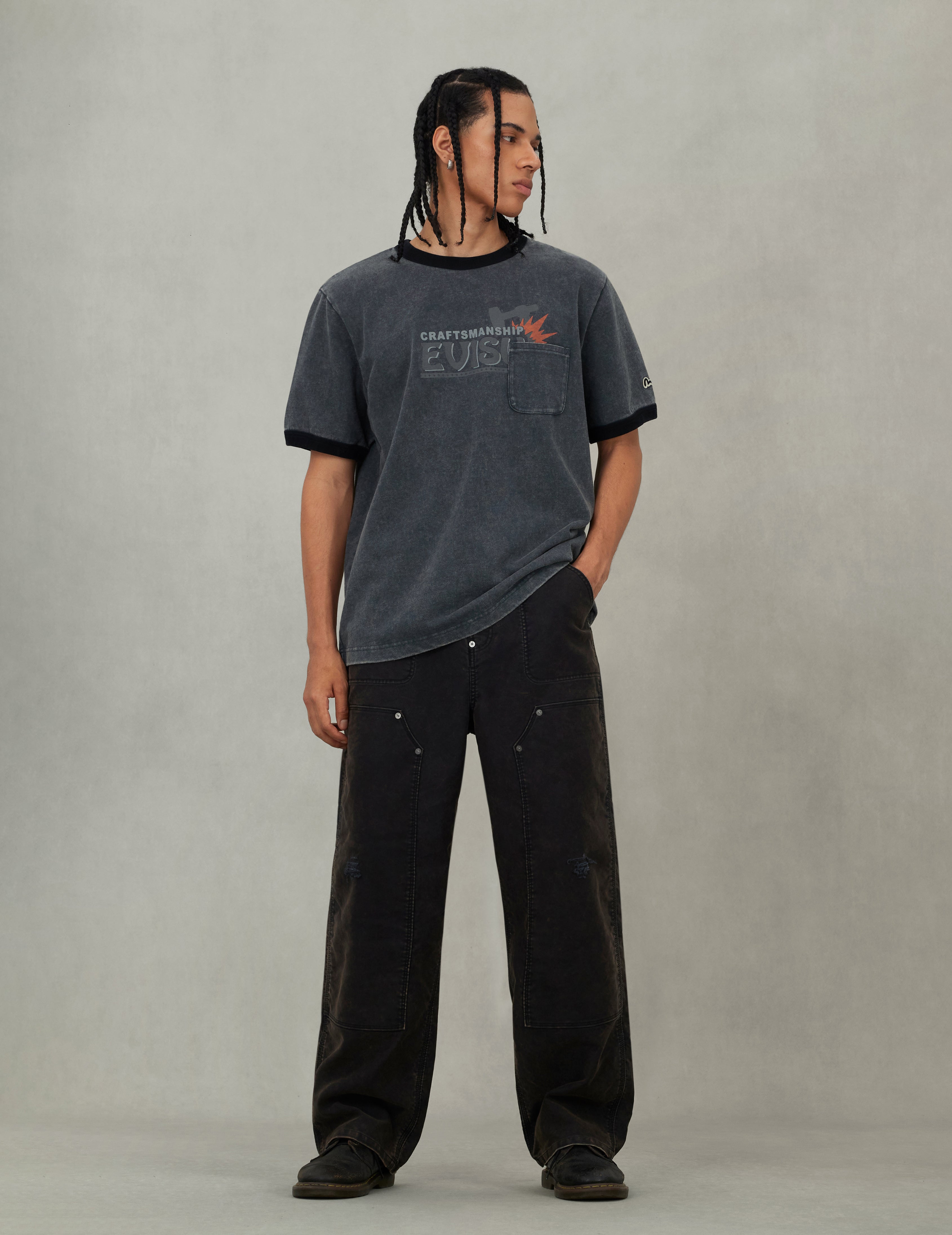 EVISUワークウェアプリント リラックスフィット リンガーTシャツ