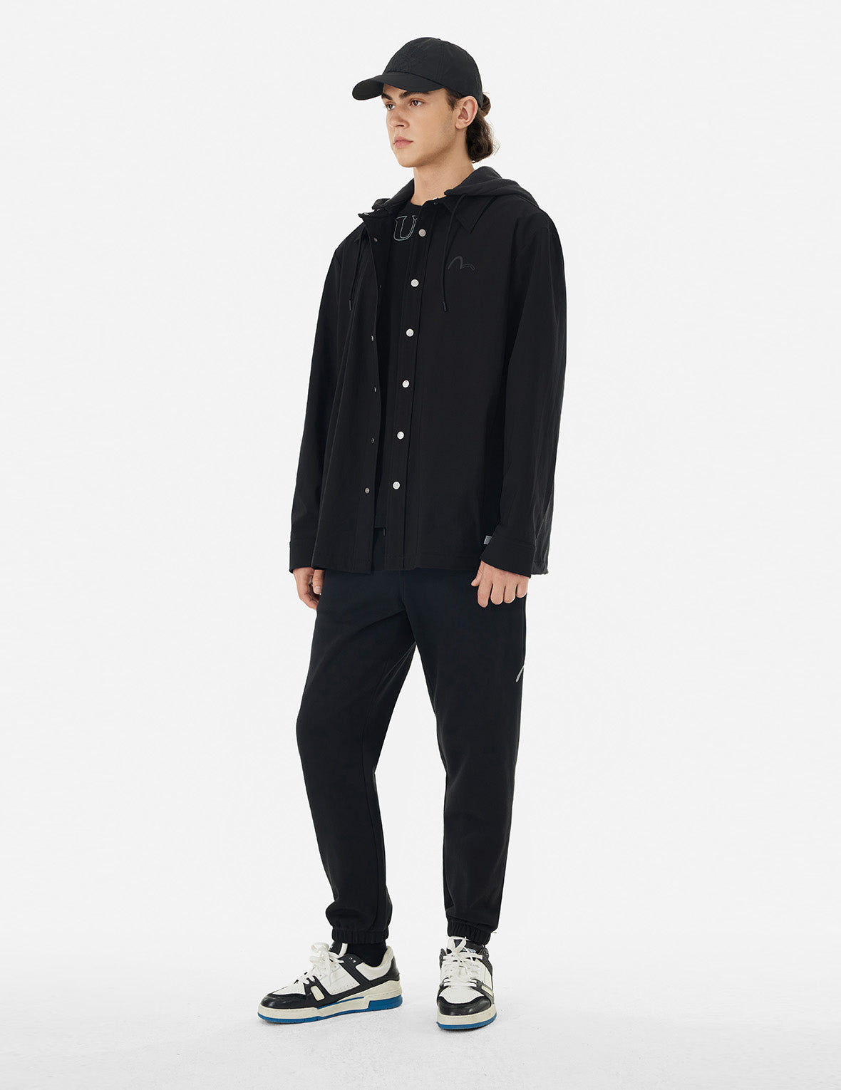 取り外しフード付き ロゴと家紋プリント レギュラーフィット シャツジャケット