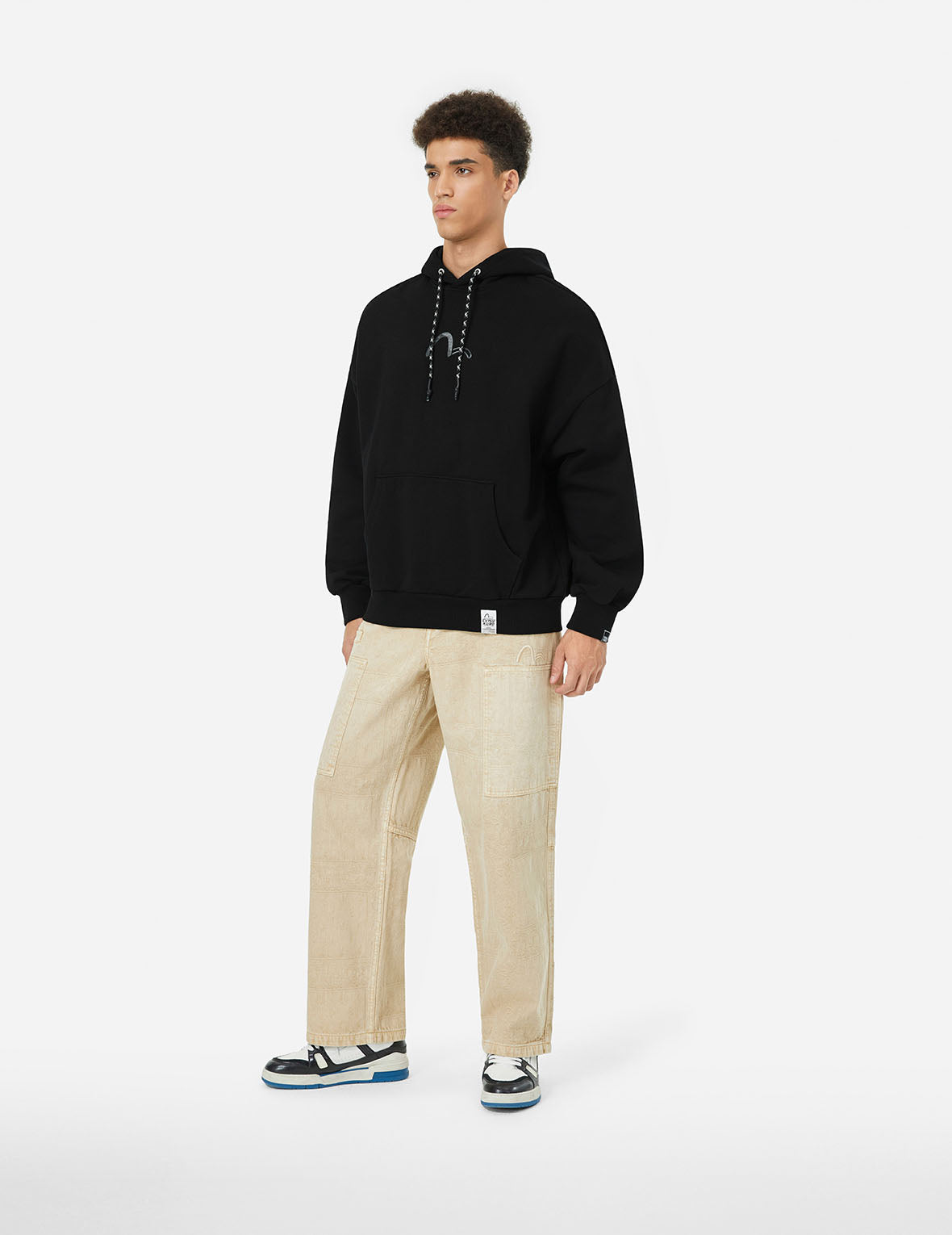 刺し子刺繍アップリケとカモメプリントオーバーサイズフーディ