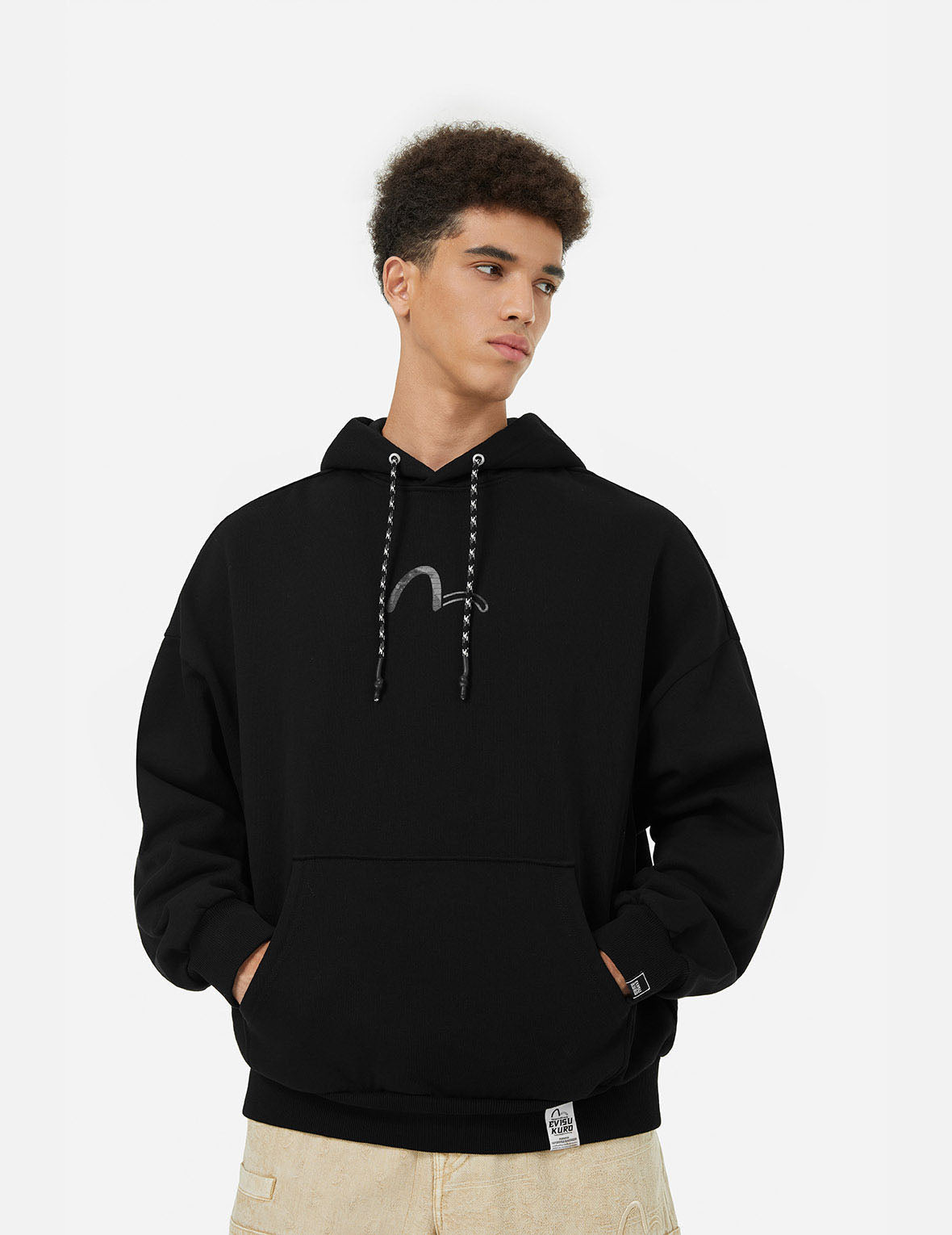 刺し子刺繍アップリケとカモメプリントオーバーサイズフーディ