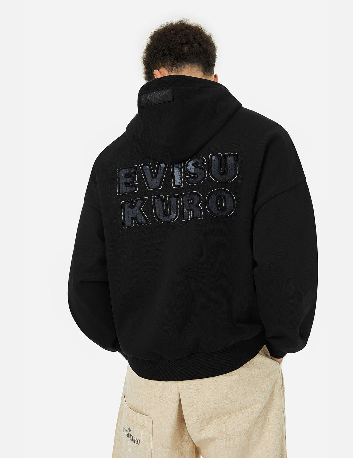 刺し子刺繍アップリケとカモメプリントオーバーサイズフーディ