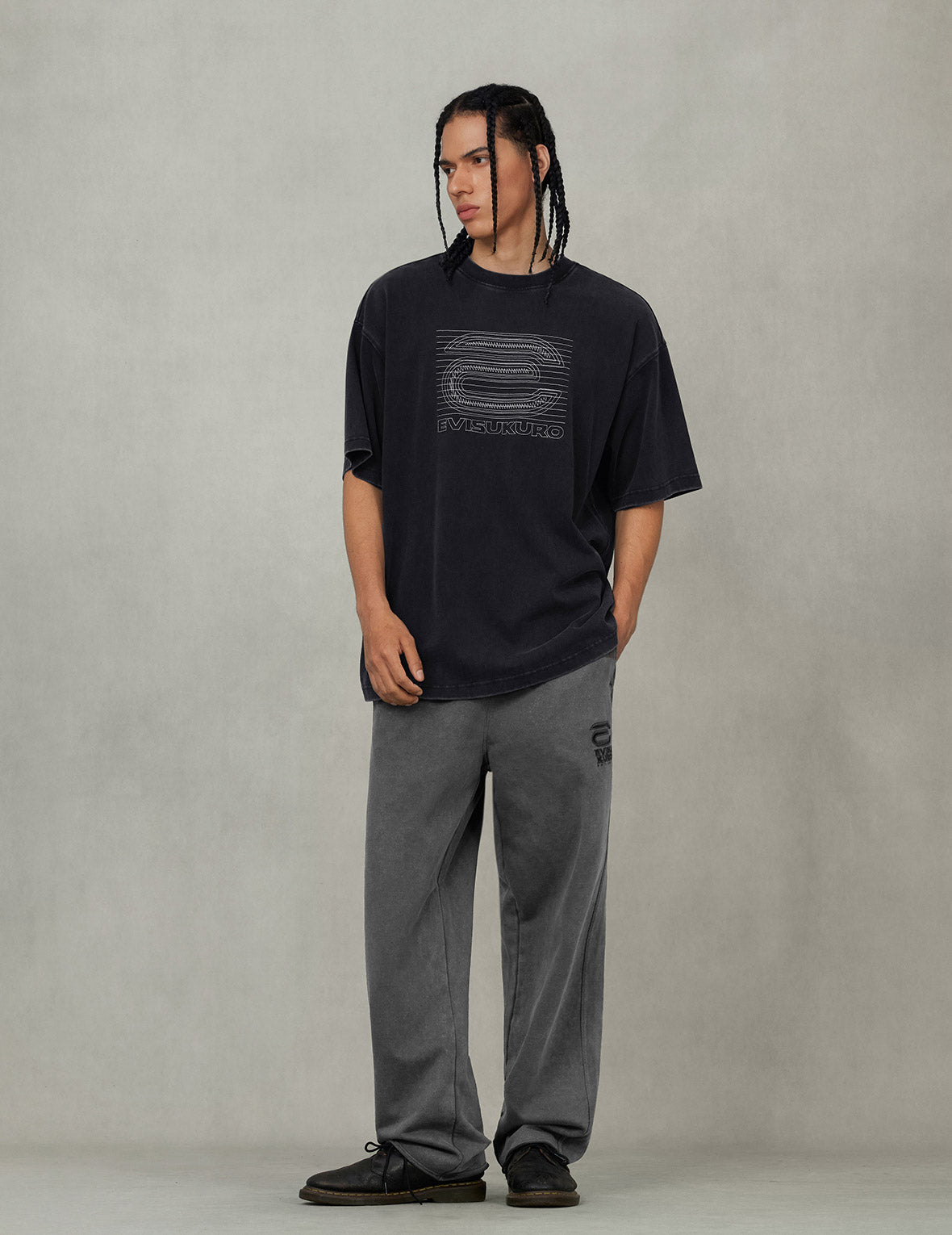 EVISUKURO E刺繍 ディストレスド ルーズフィット スウェットパンツ