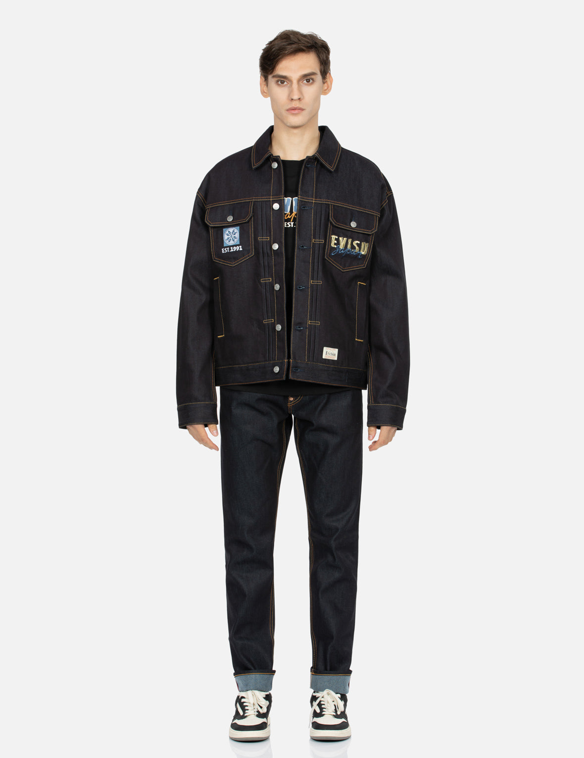 Kumadori Daruma Daicock Print and Embroidery Loose Fit Denim Jacket