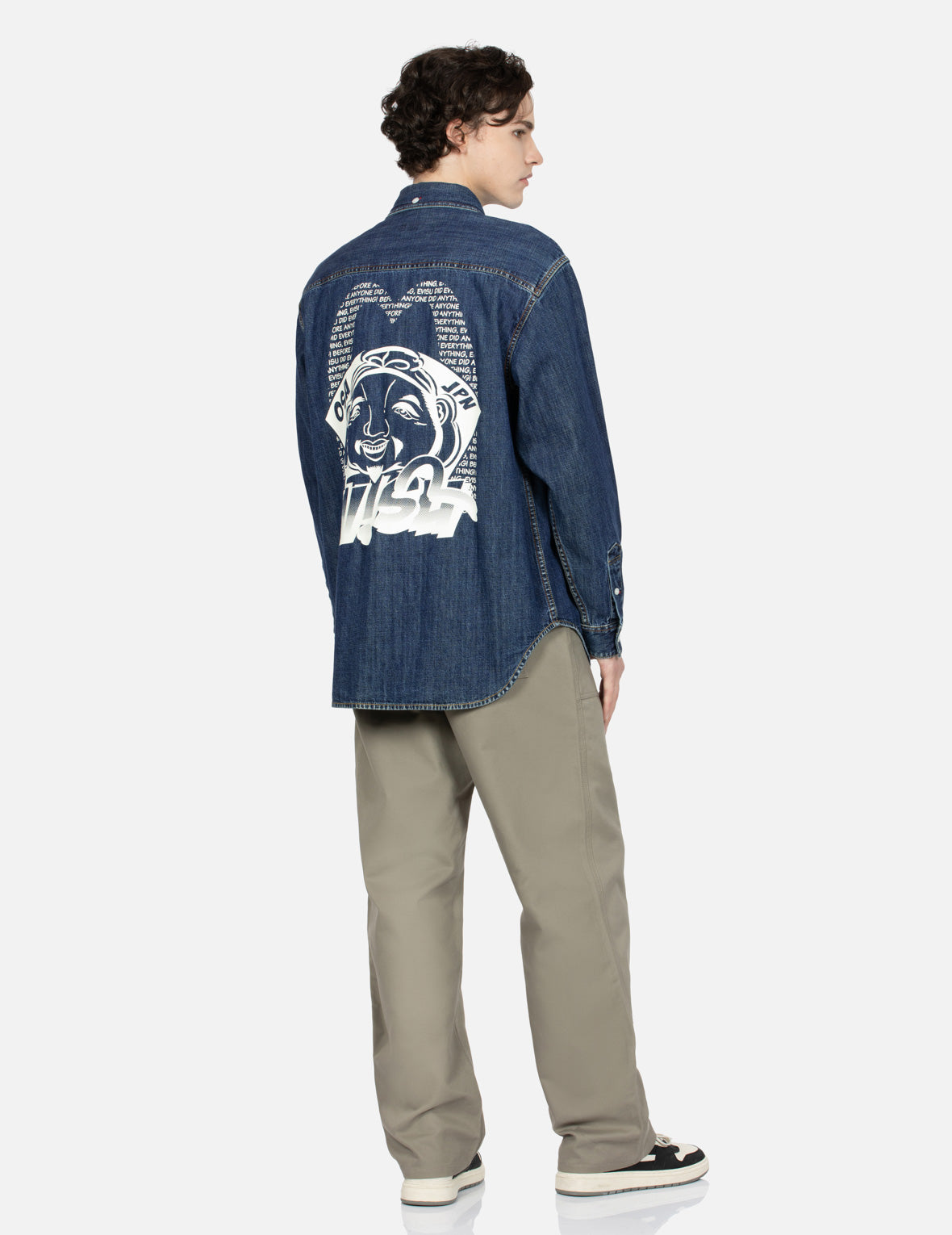 ポップアートゴッドヘッドプリントリラックスフィットデニムシャツ