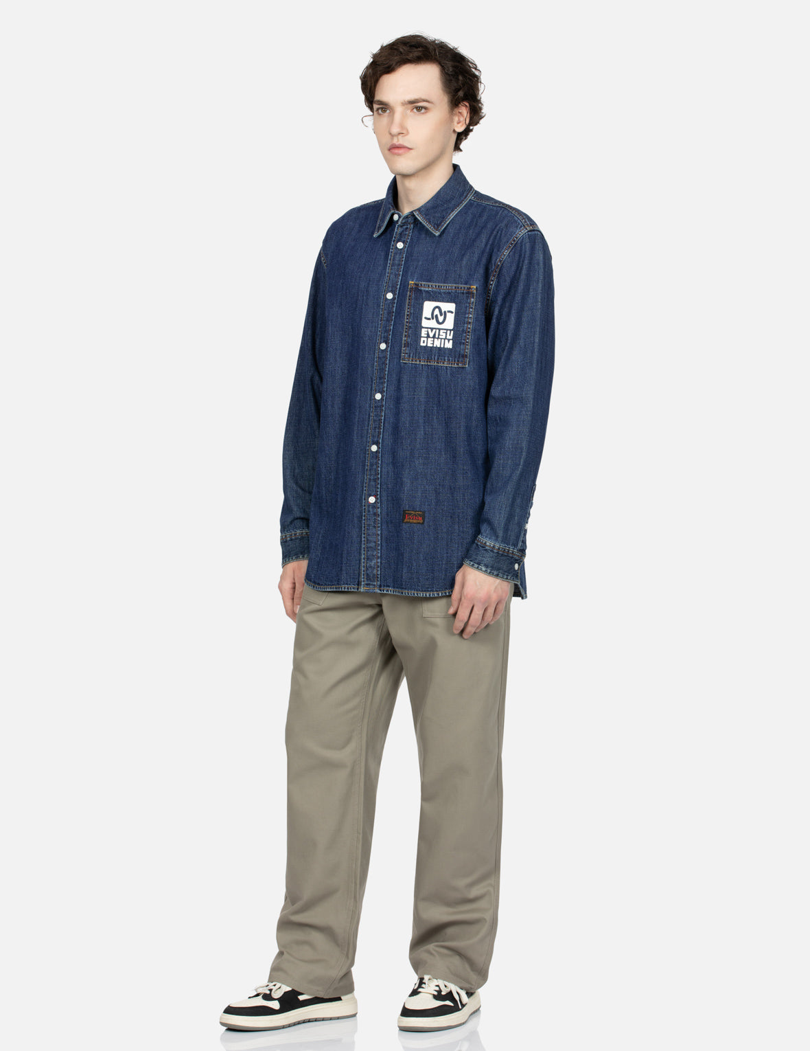 ポップアートゴッドヘッドプリントリラックスフィットデニムシャツ