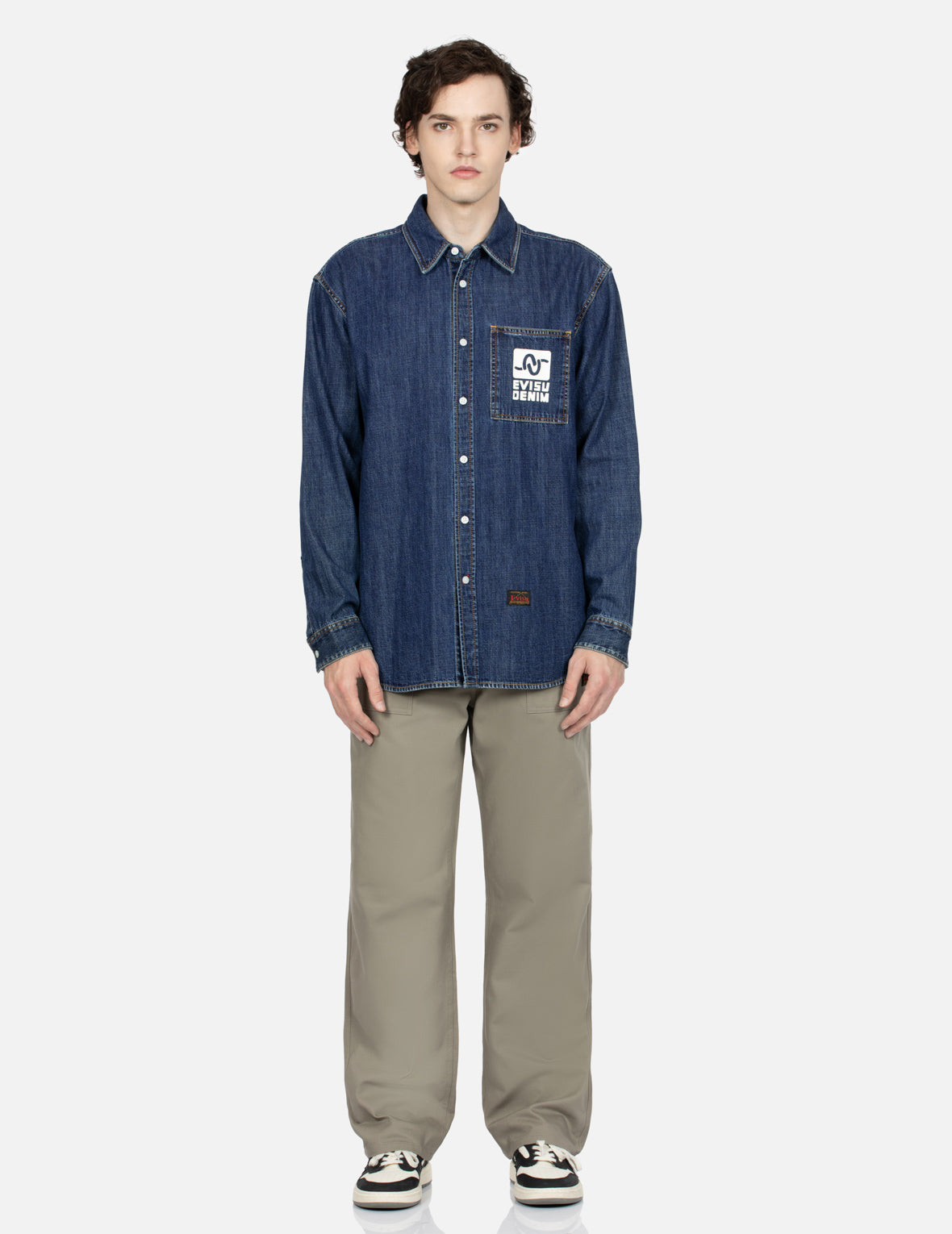 ポップアートゴッドヘッドプリントリラックスフィットデニムシャツ