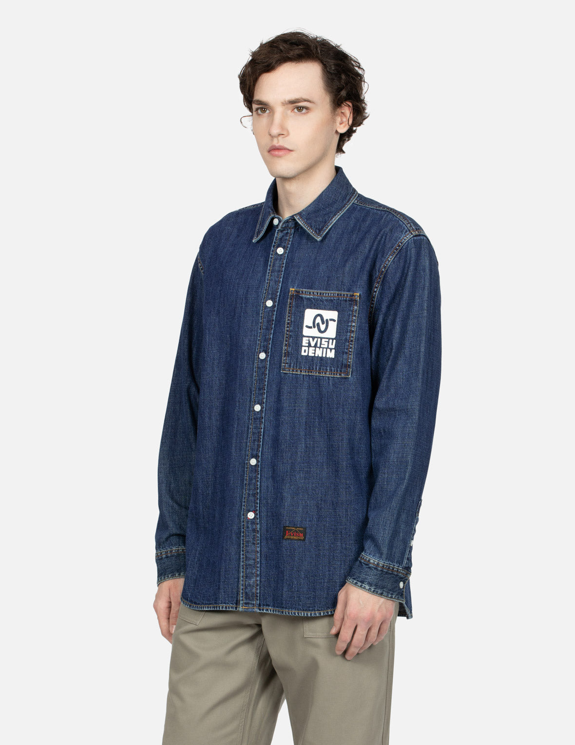 ポップアートゴッドヘッドプリントリラックスフィットデニムシャツ