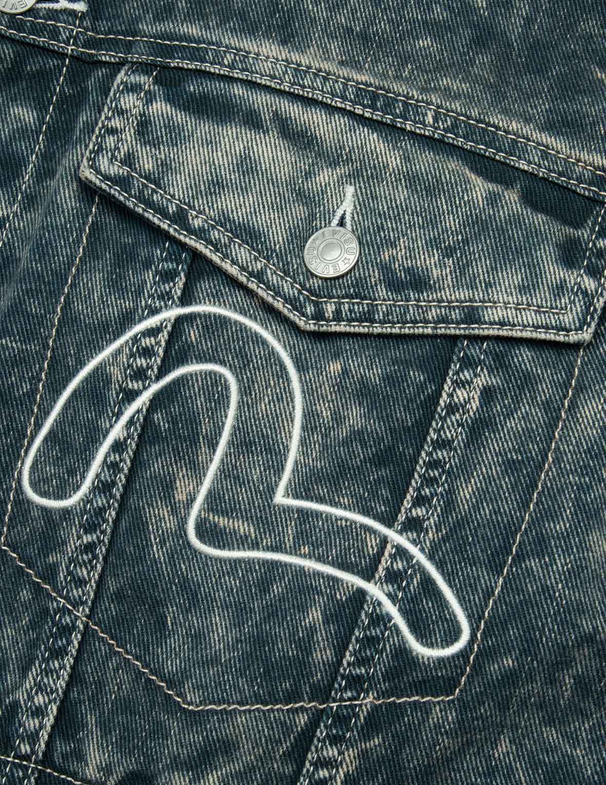 マルチプリントと刺繍アシッドウォッシュファッションフィットデニムジャケット