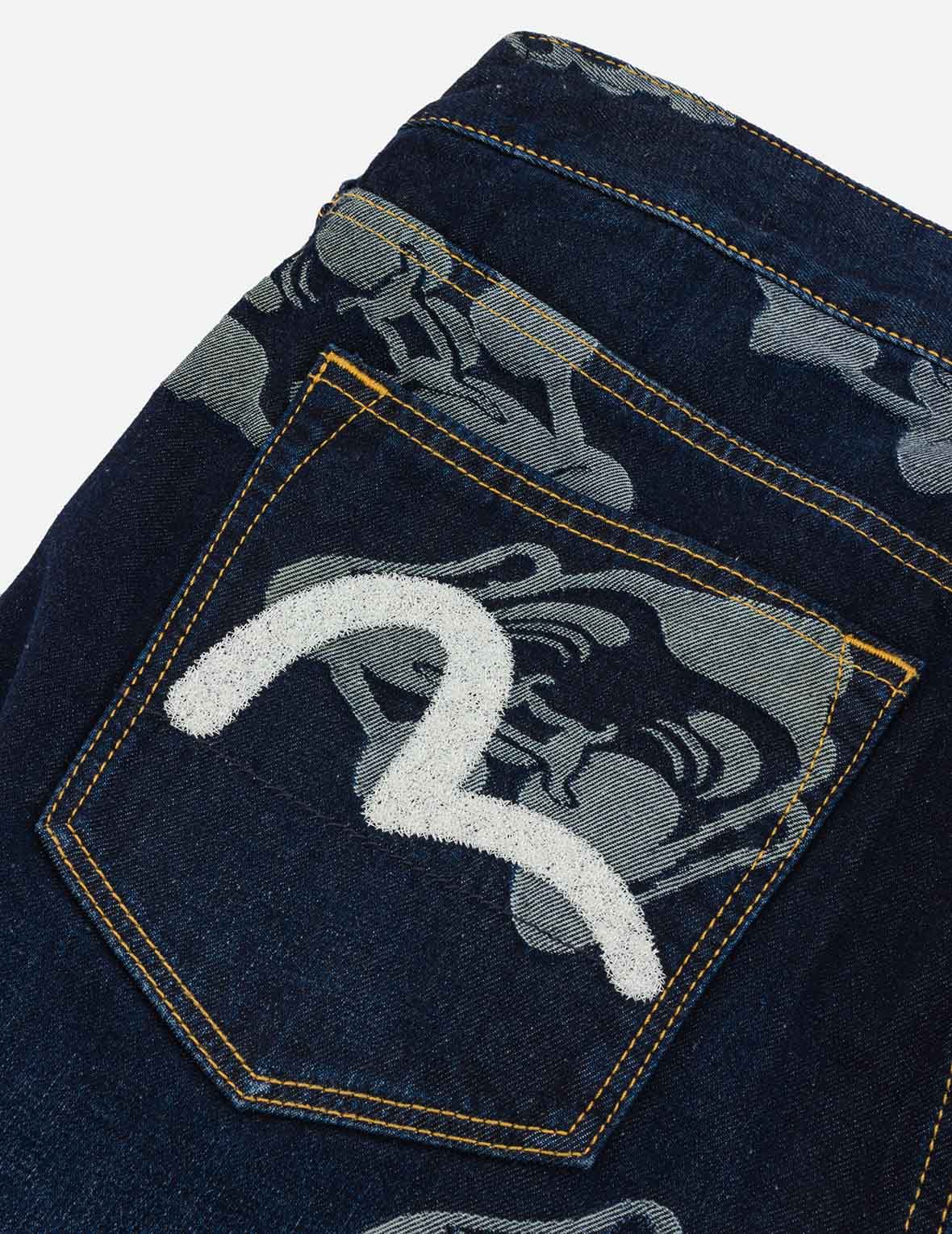 カモメ刺繍と仏頭ジャカードストレートフィットジーンズ