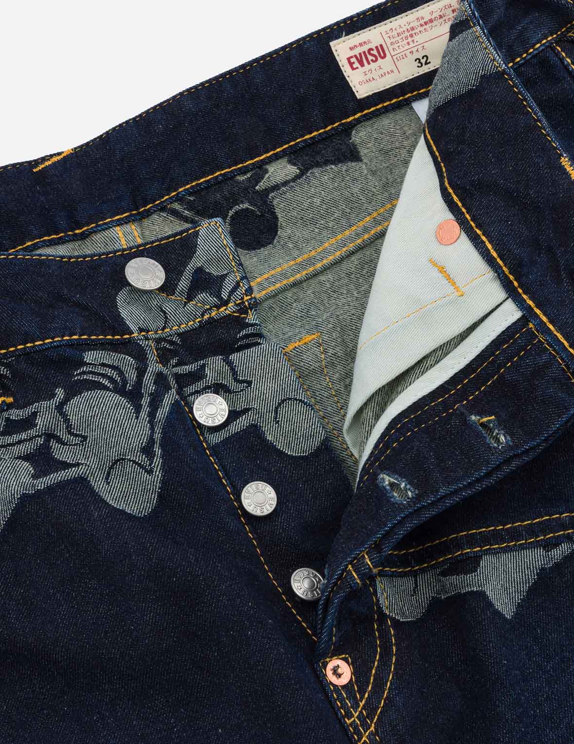 カモメ刺繍と仏頭ジャカードストレートフィットジーンズ