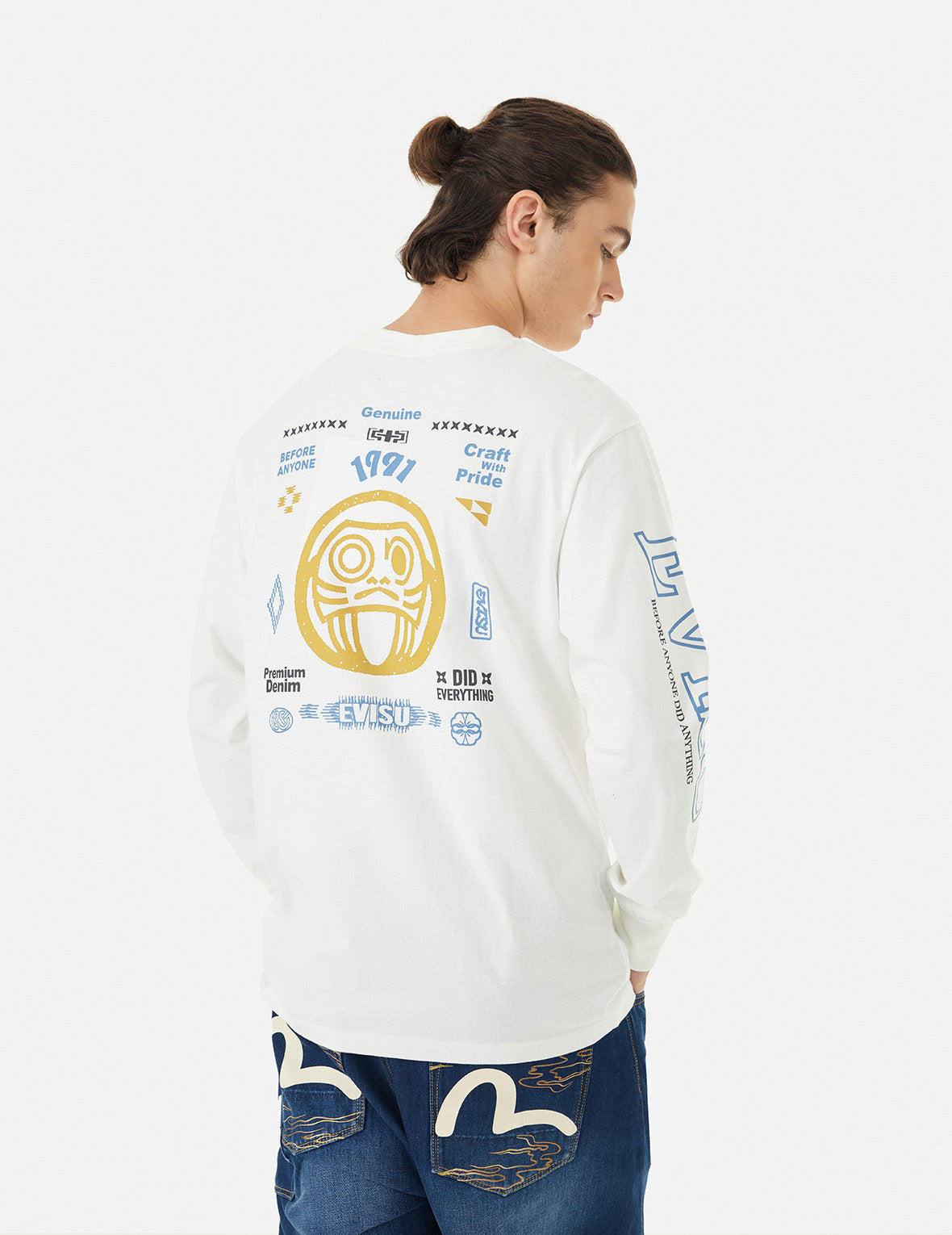 だるまとロゴプリントファッションフィット長袖Tシャツ