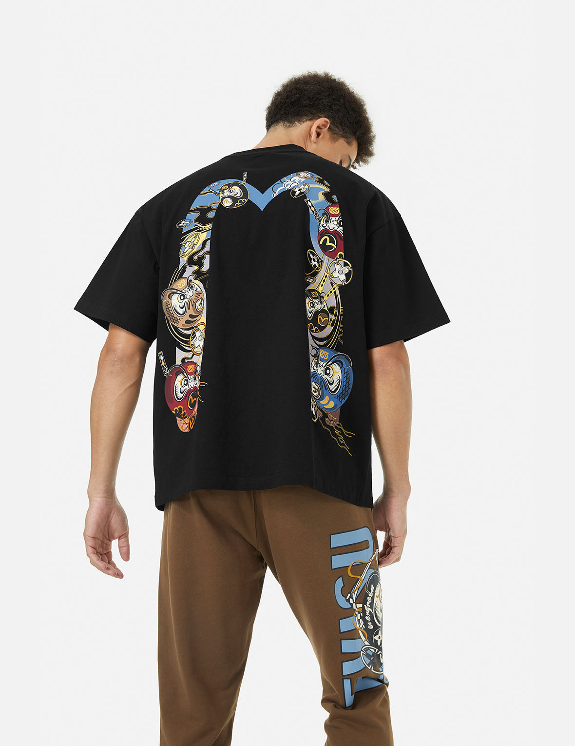 ロゴと忍者だるま大黒プリントルーズフィットTシャツ