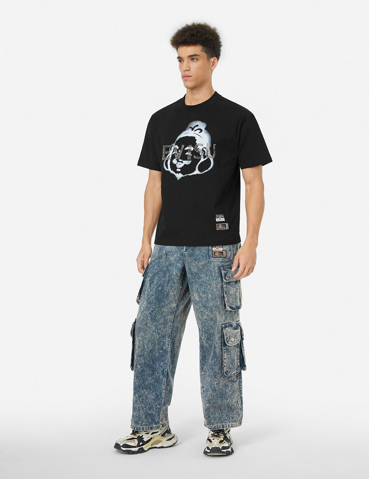 ラインストーンロゴと仏頭プリント リラックスフィット Tシャツ