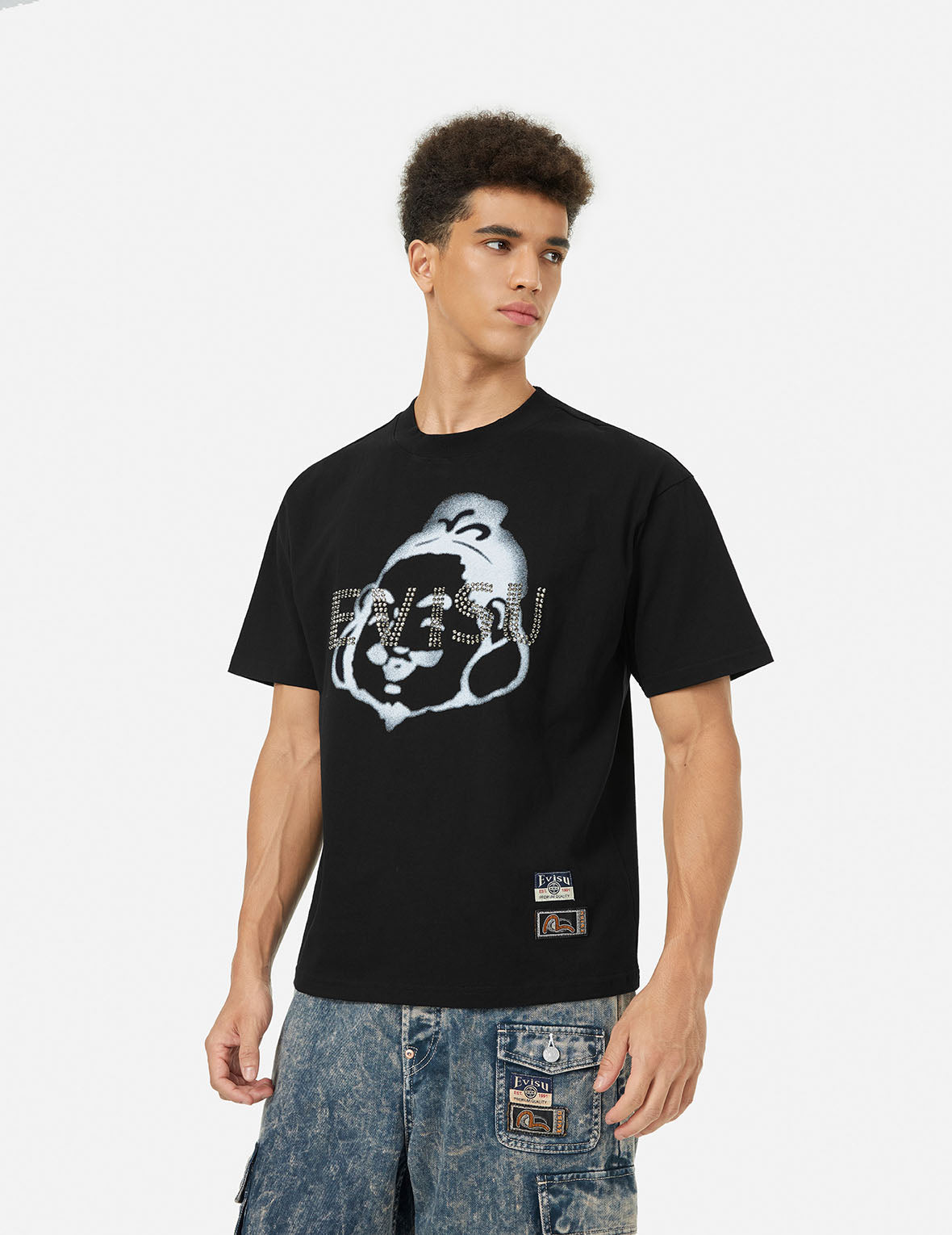 ラインストーンロゴと仏頭プリント リラックスフィット Tシャツ