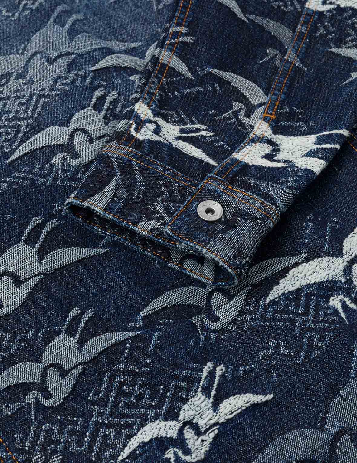 Allover Seagull Cranes Jacquard Loose Fit Denim Jacket