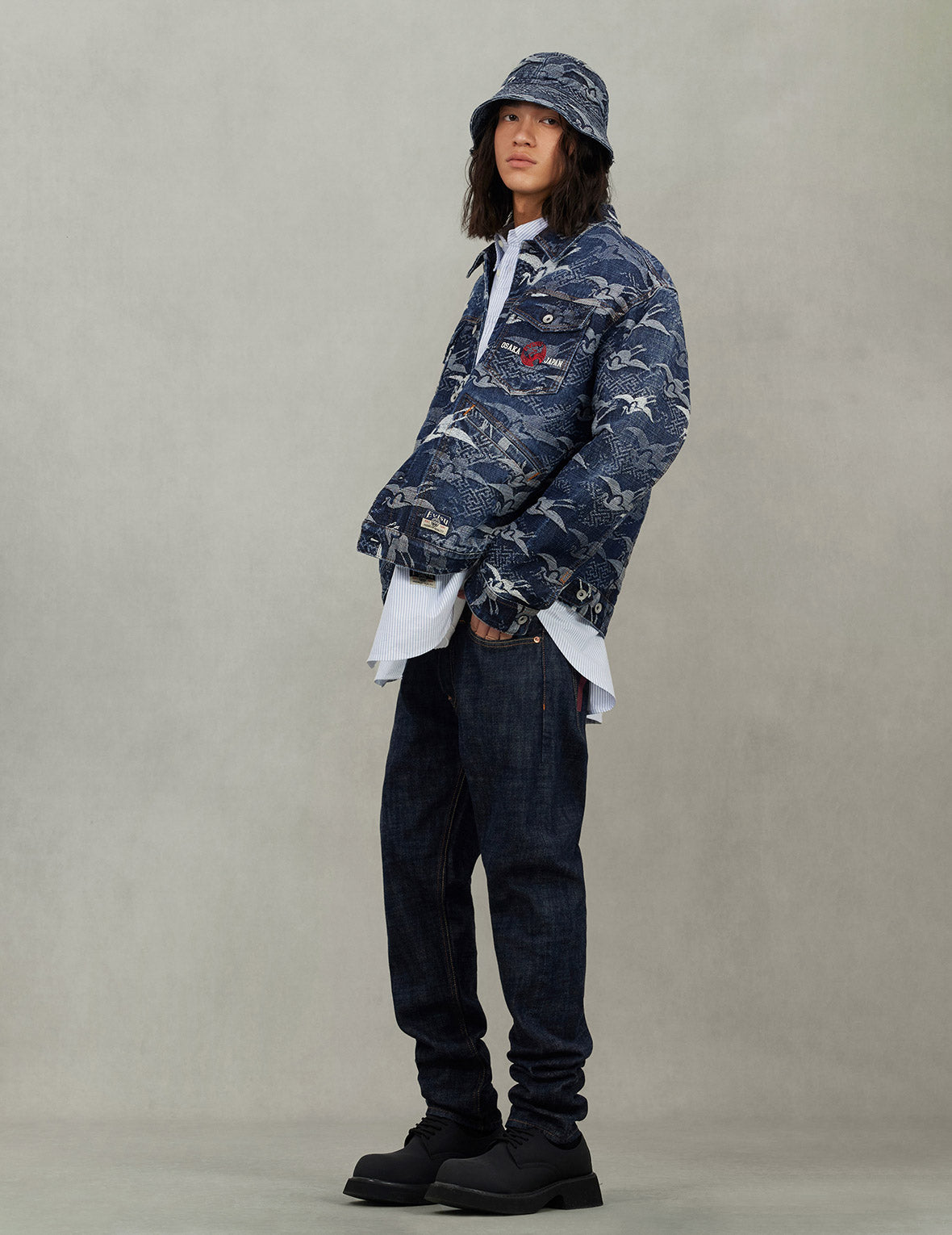 Allover Seagull Cranes Jacquard Loose Fit Denim Jacket