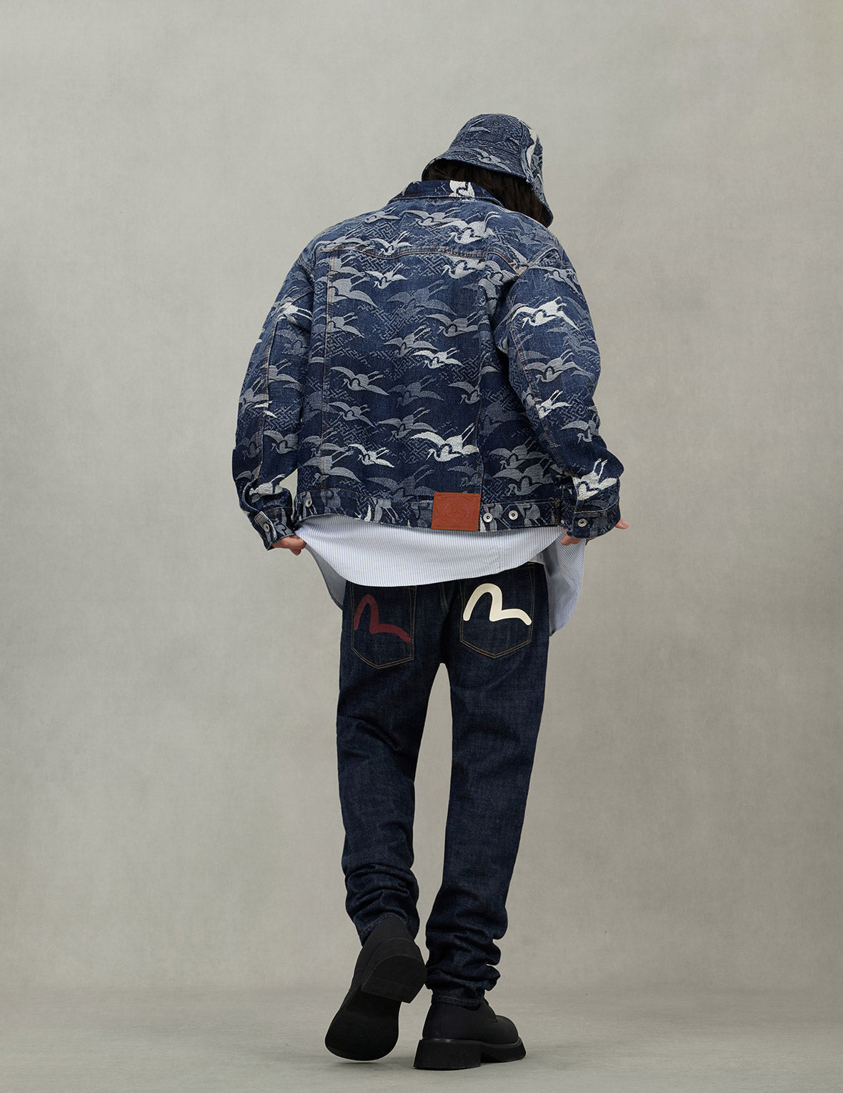 Allover Seagull Cranes Jacquard Loose Fit Denim Jacket