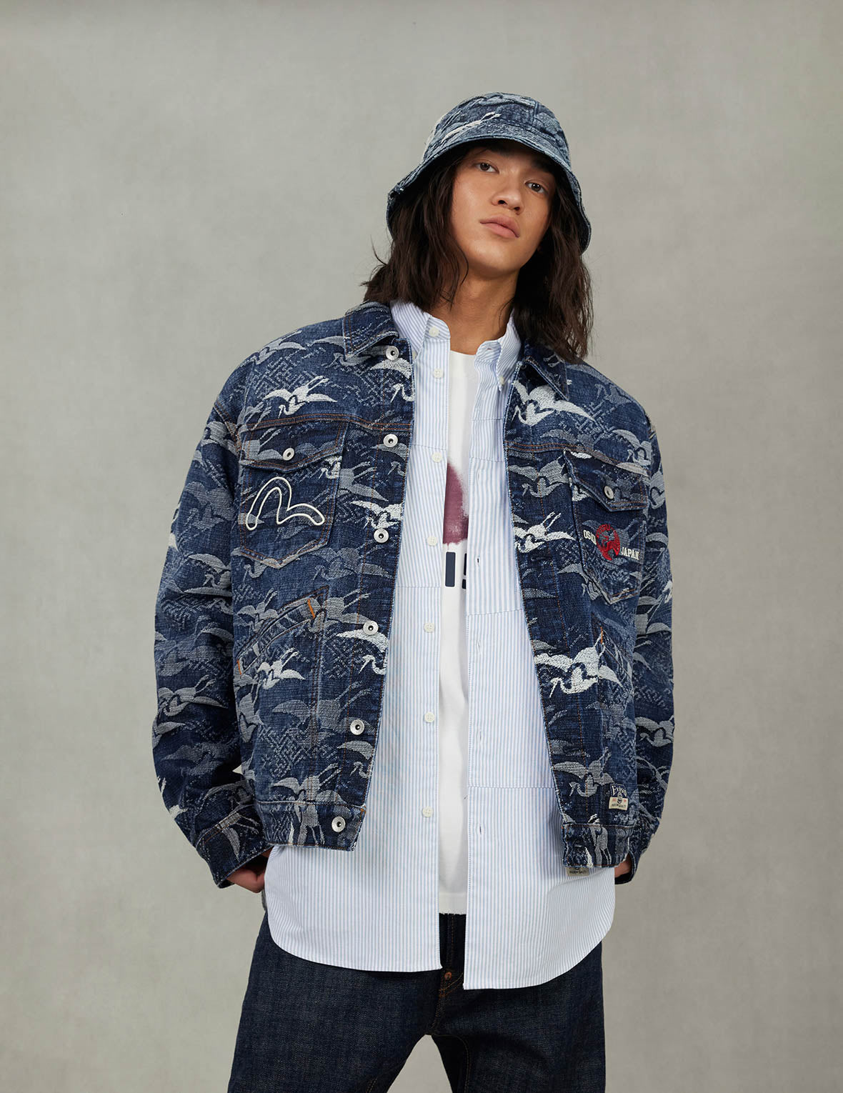 Allover Seagull Cranes Jacquard Loose Fit Denim Jacket