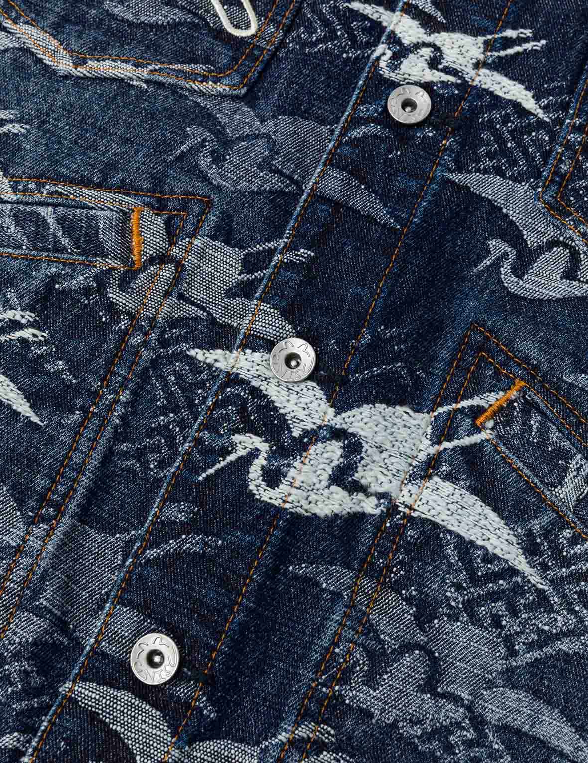 Allover Seagull Cranes Jacquard Loose Fit Denim Jacket