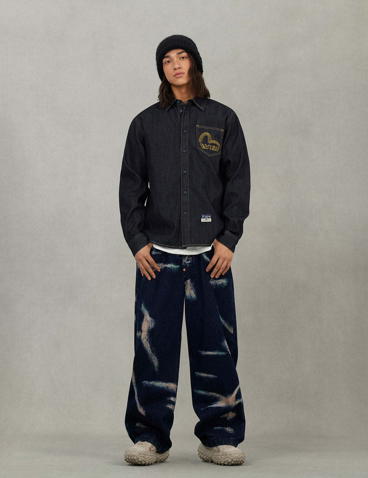 カモメ刺繍 レギュラーフィット デニム長袖シャツ