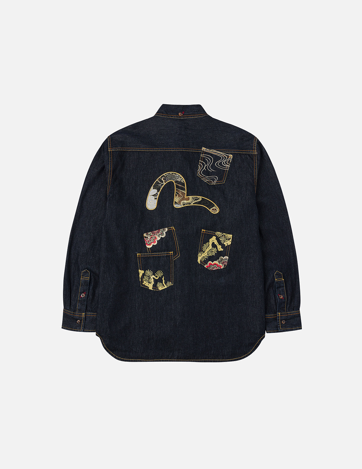 多ポケットとブロケードカモメ刺繍 レギュラーフィット デニムシャツ