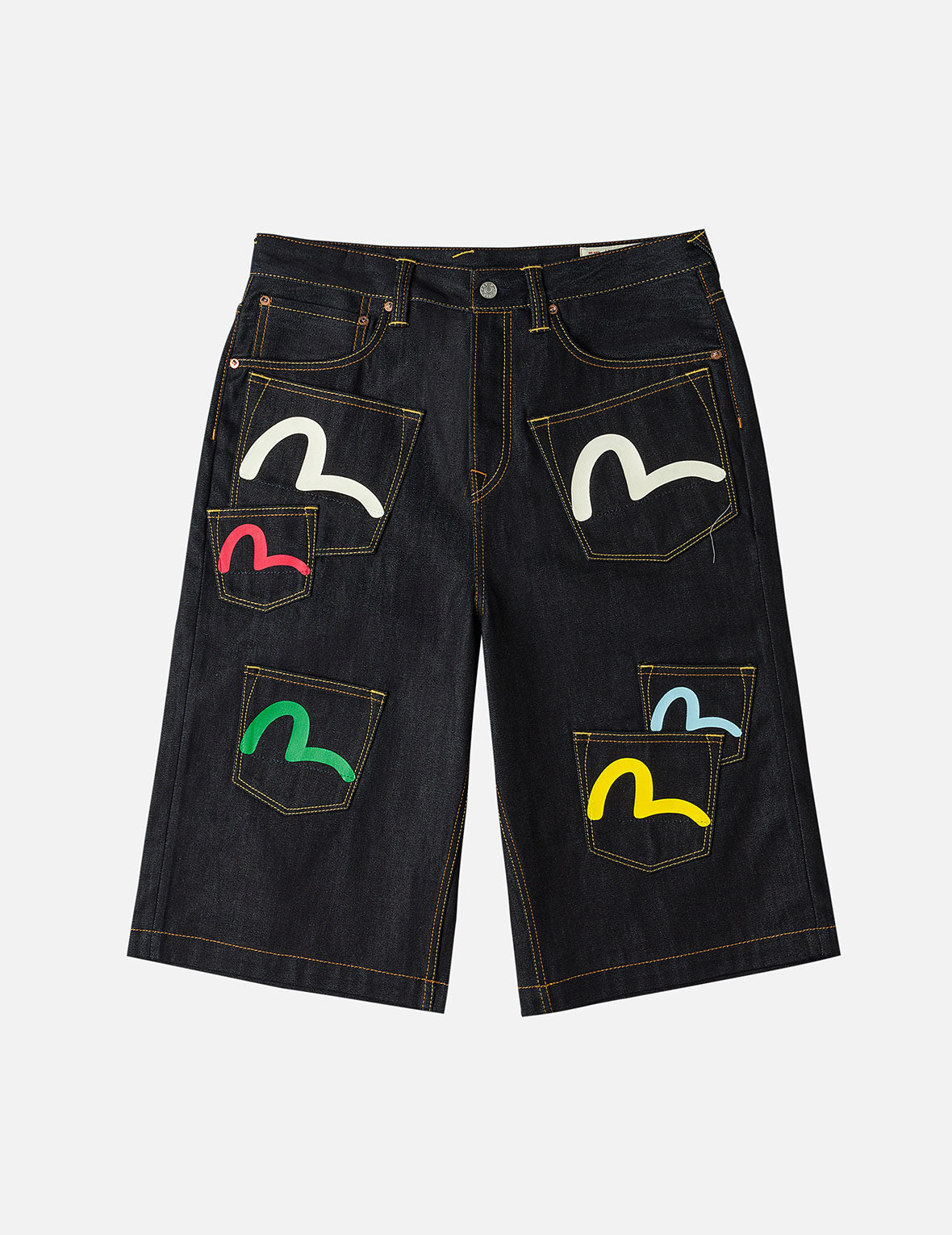 カモメプリントとマルチポケット ファッションフィット デニムショーツ