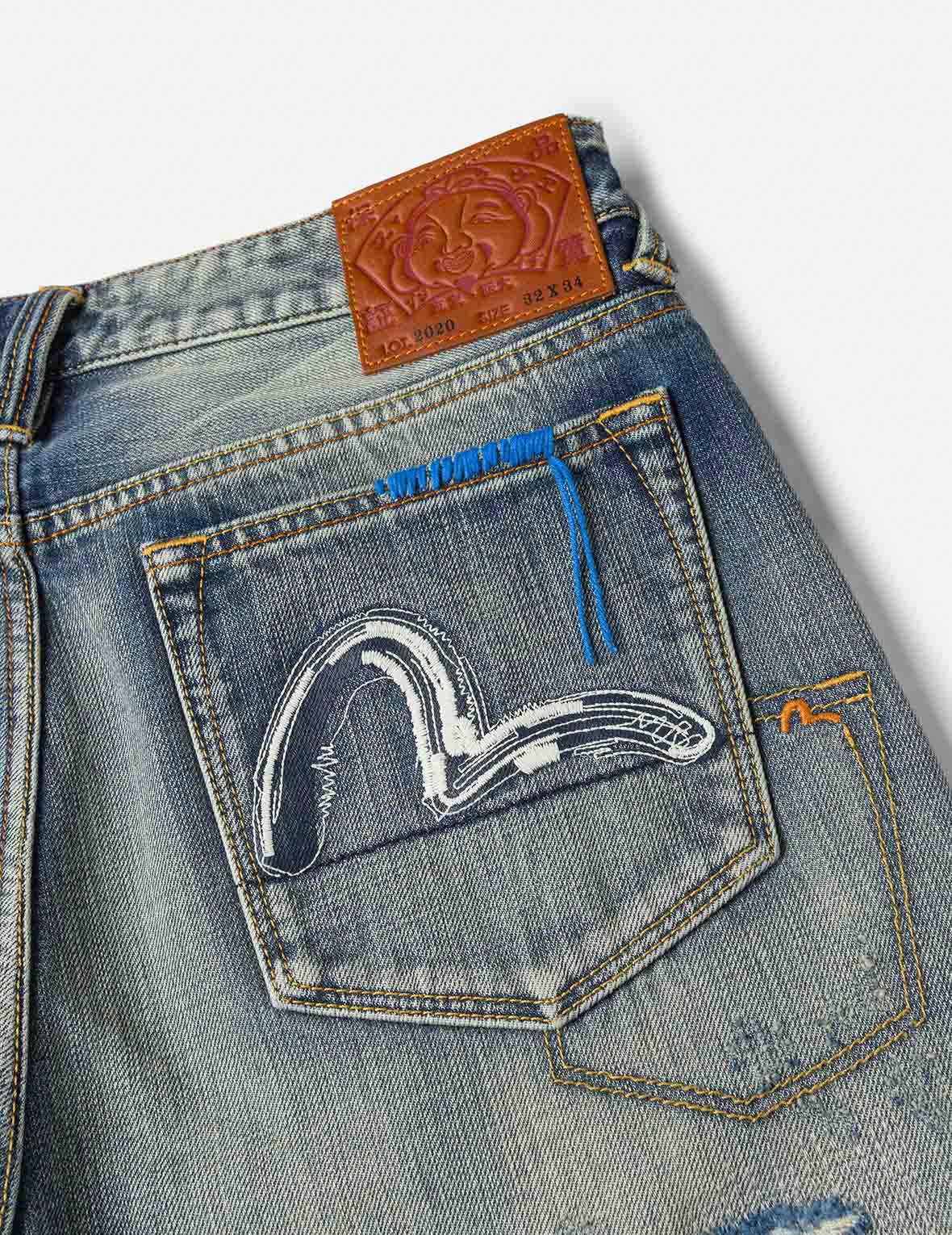 カモメ刺繍付き7ポケットデザイン ウォッシュド レギュラーフィット ジーンズ #2020