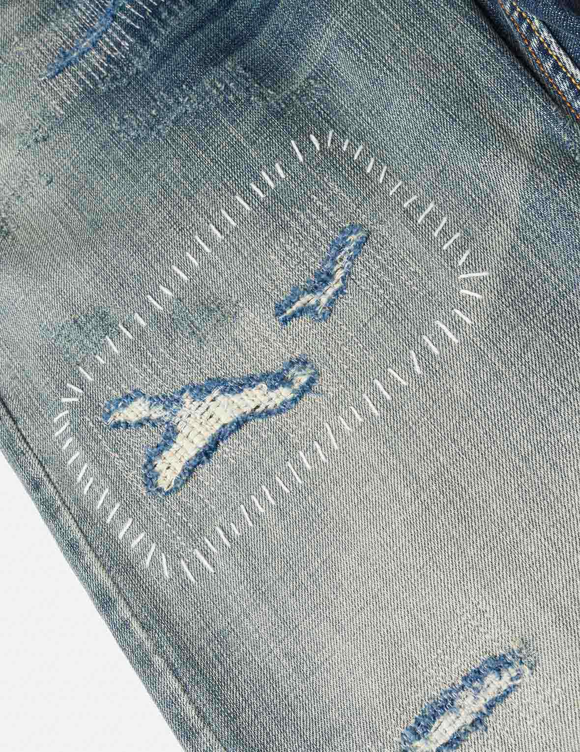 カモメ刺繍付き7ポケットデザイン ウォッシュド レギュラーフィット ジーンズ #2020