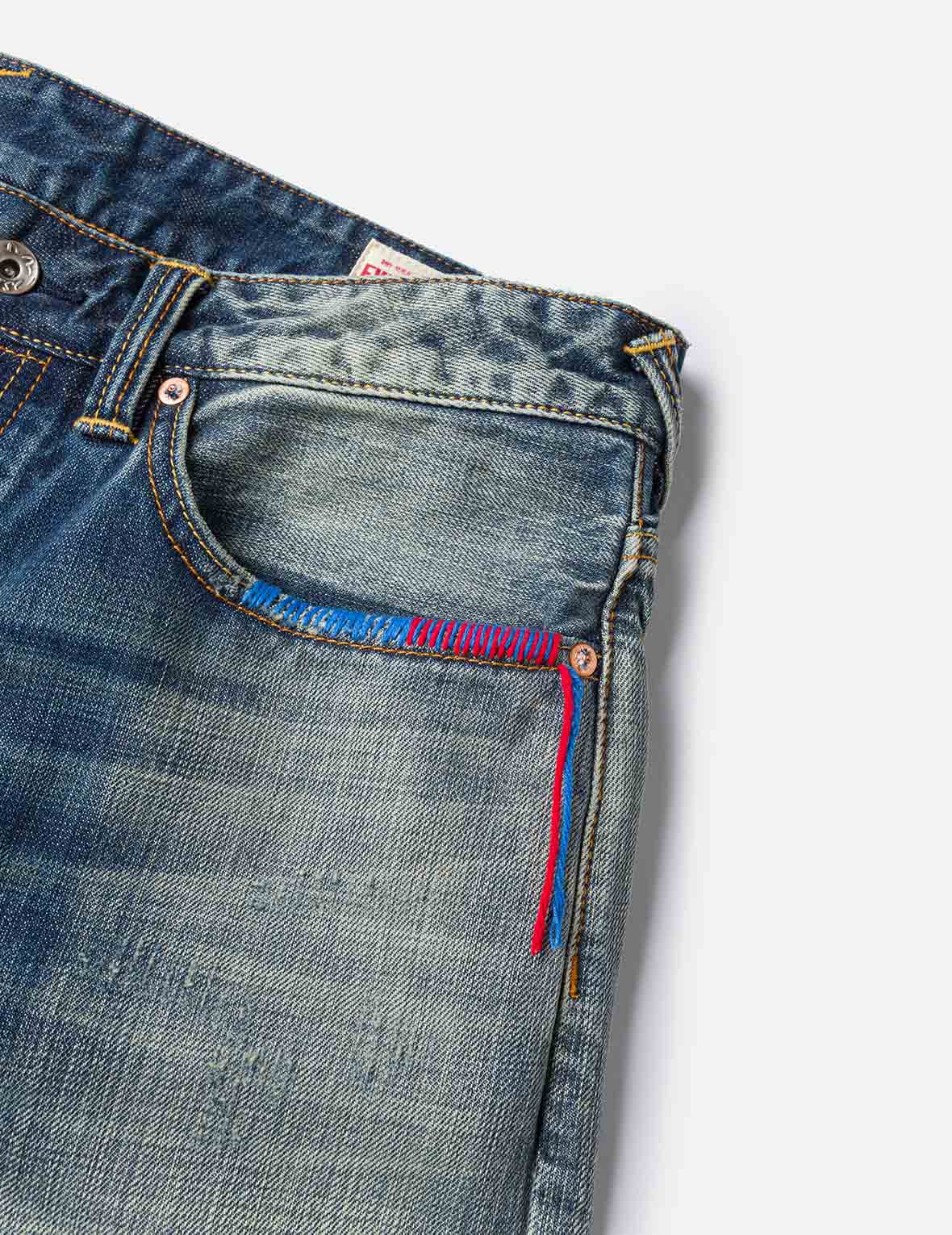 カモメ刺繍付き7ポケットデザイン ウォッシュド レギュラーフィット ジーンズ #2020