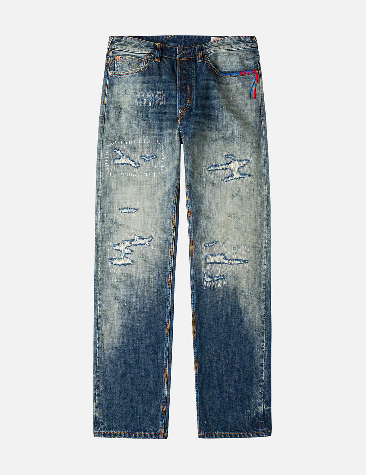 7-Pocket Design with Seagull Embroidery Washed Regular Fit Jeans #2000