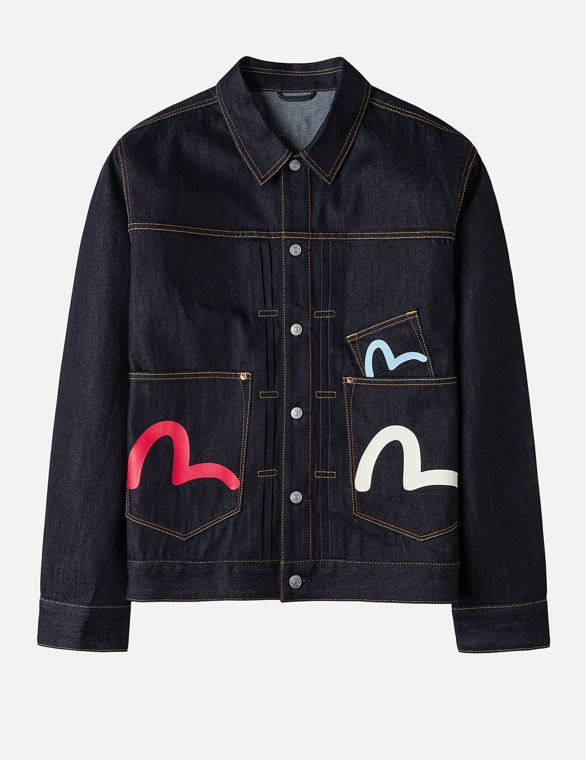 Seagull Print and Multi-Pocket Relax Fit Denim Jacket