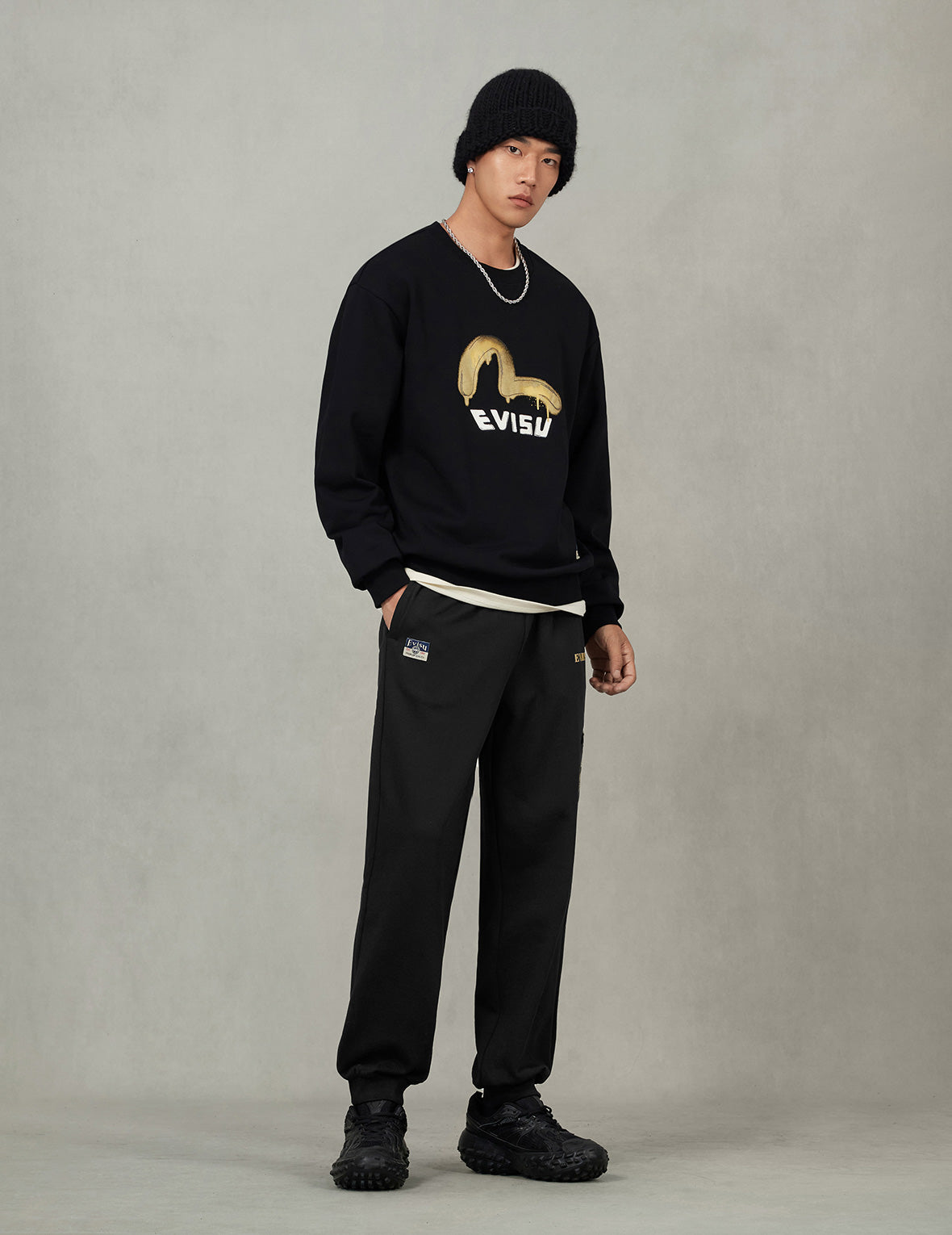 Grateful Crane Print and Multi-pocket Straight Fit Sweatpants