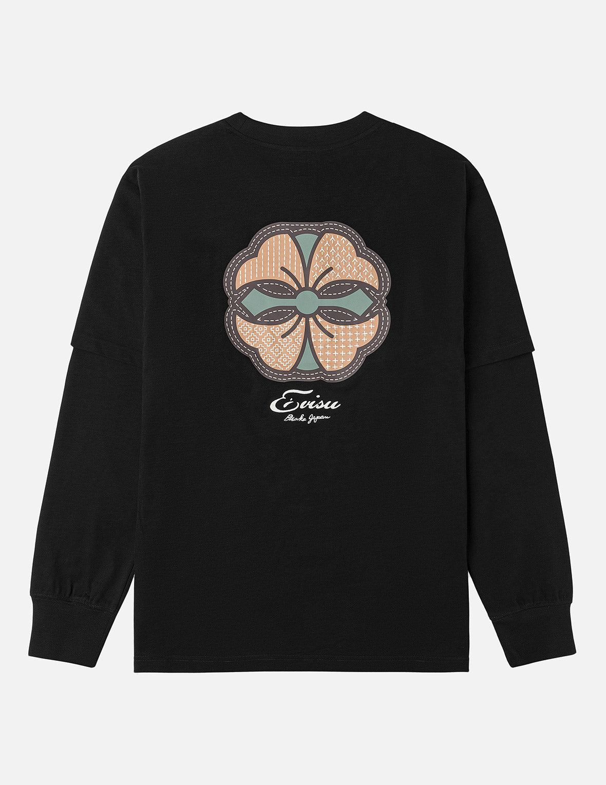 刺し子カモンプリント ファッションフィット2-in-1デザイン長袖Tシャツ