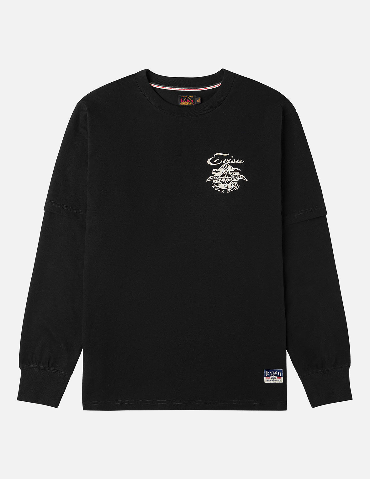 刺し子カモンプリント ファッションフィット2-in-1デザイン長袖Tシャツ