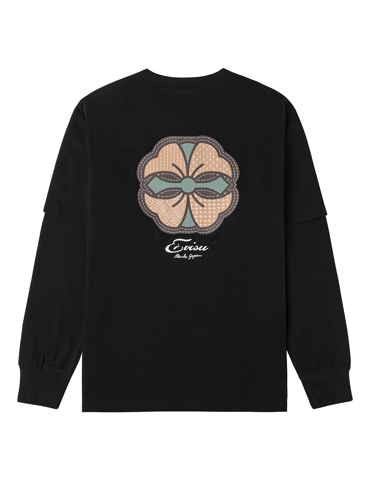 刺し子カモンプリント ファッションフィット2-in-1デザイン長袖Tシャツ
