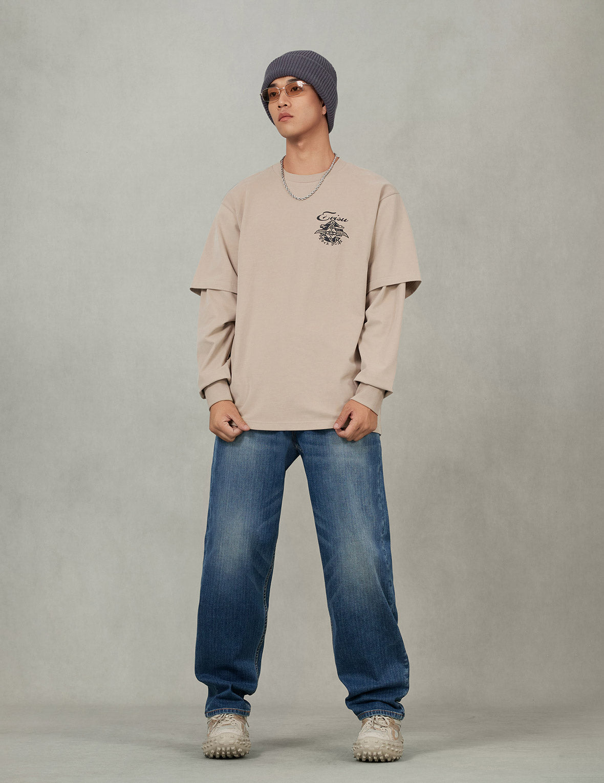 刺し子カモンプリント ファッションフィット2-in-1デザイン長袖Tシャツ