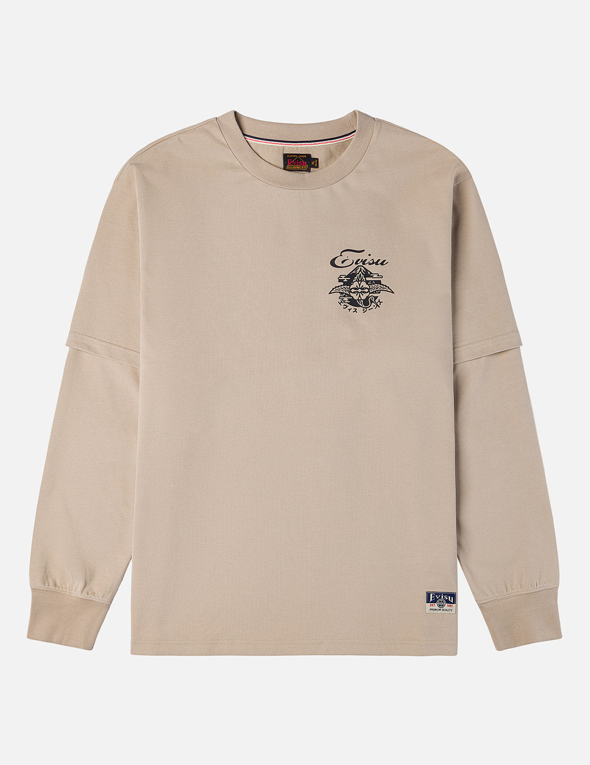 刺し子カモンプリント ファッションフィット2-in-1デザイン長袖Tシャツ