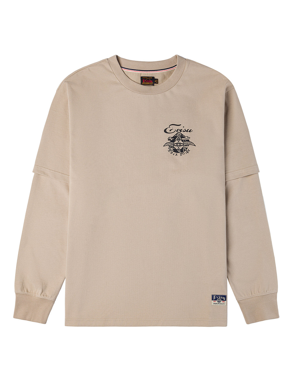 刺し子カモンプリント ファッションフィット2-in-1デザイン長袖Tシャツ