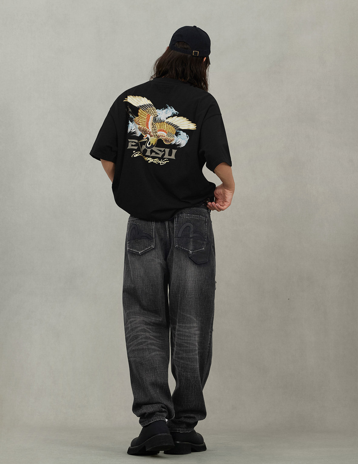鶴とロゴプリント ルーズフィット Tシャツ