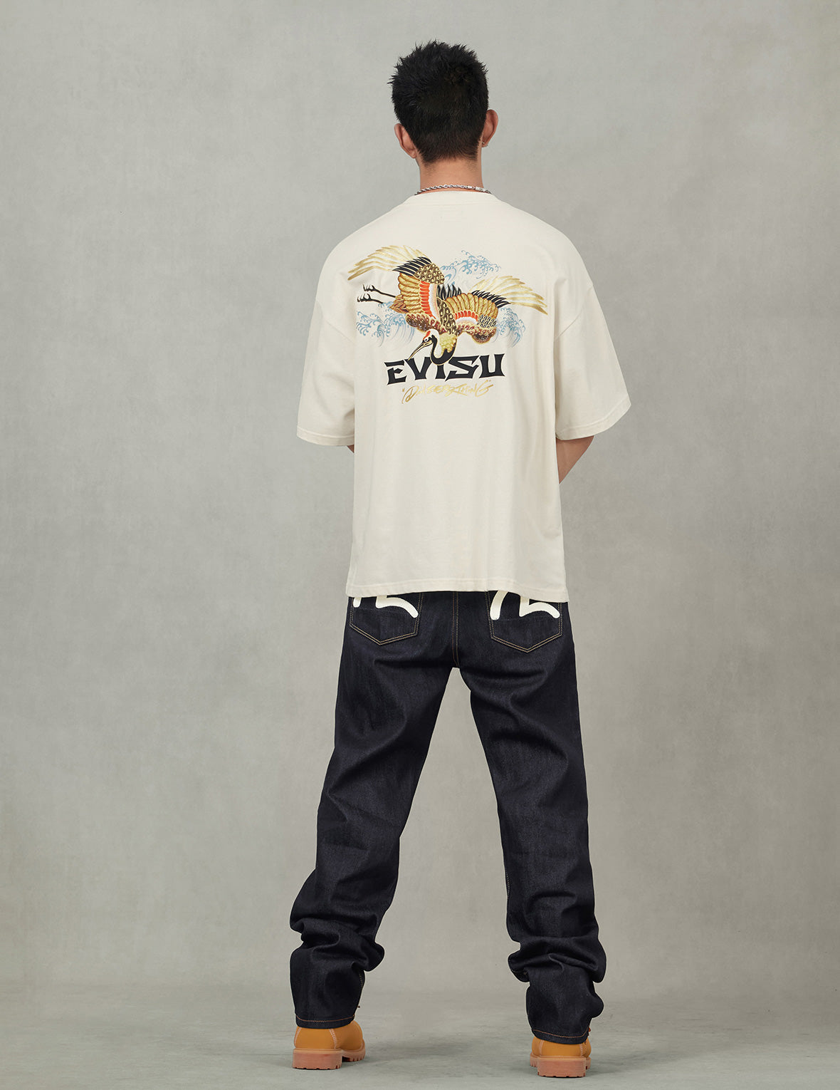鶴とロゴプリント ルーズフィット Tシャツ