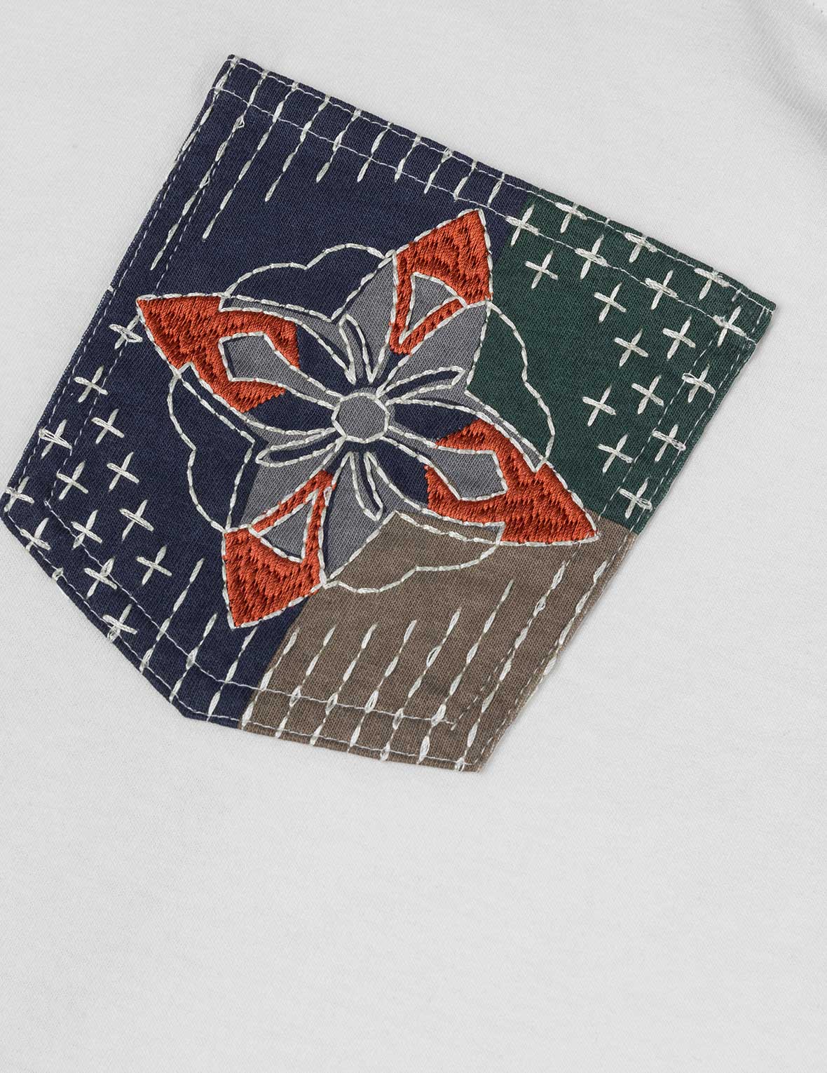 多ポケットカラーブロッキング刺子 ルーズフィット Tシャツ