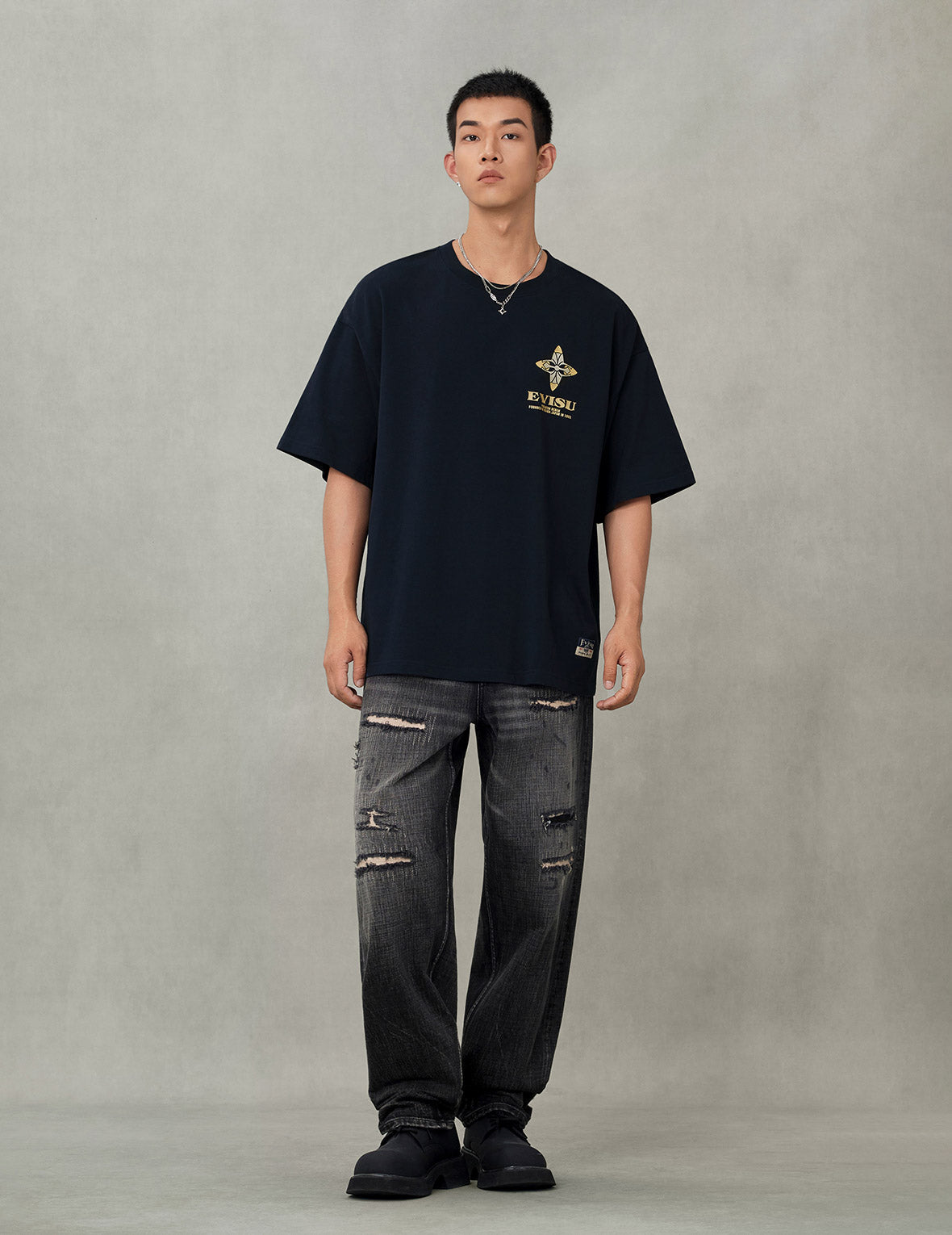 鶴の飛翔と大黒プリント ルーズフィット Tシャツ